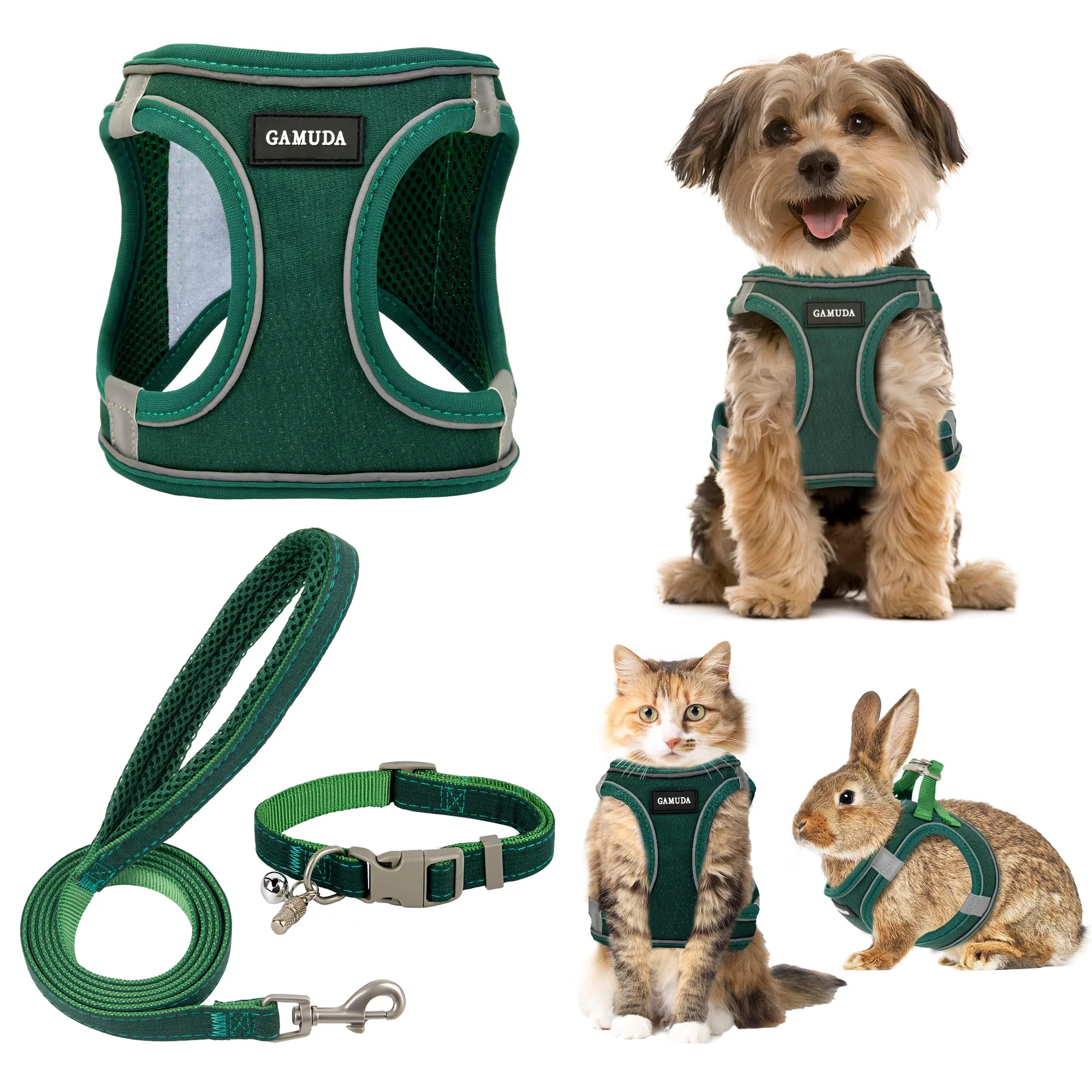 Exceptional GAMUDA Small Pet Harness Collar Leash Set - Step-In No Pull Reflective Green Optimized