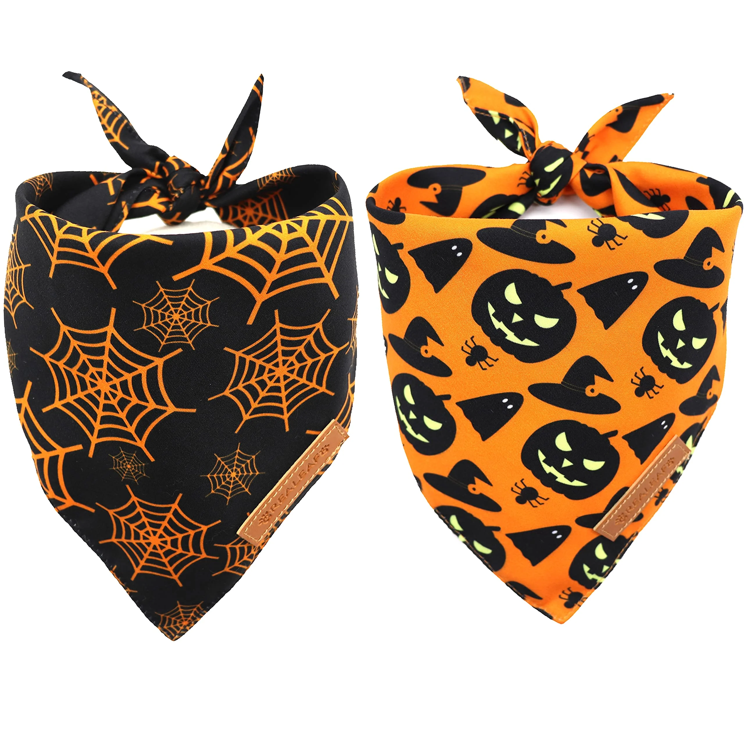 Exclusive eaf Halloween Dog Bandanas 2 Pack – Pumpkin Spider Web Adjustable X-Large Triangle Reversible Scarf Optimized