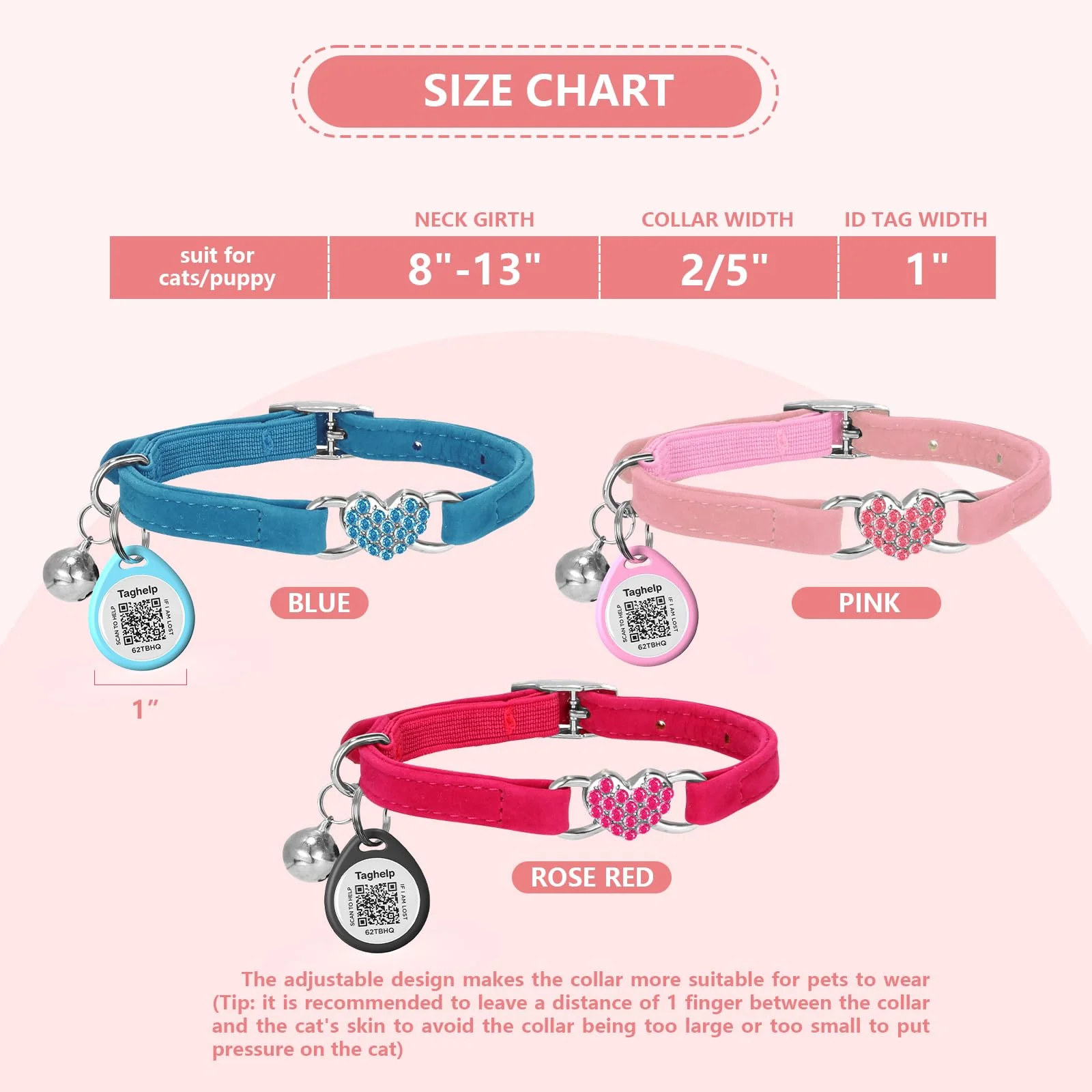 Functional Taghelp 2-Pack Heart Bling Cat Collar – Adjustable 8-13 in with QR Smart ID Tag Black Pink Elegant