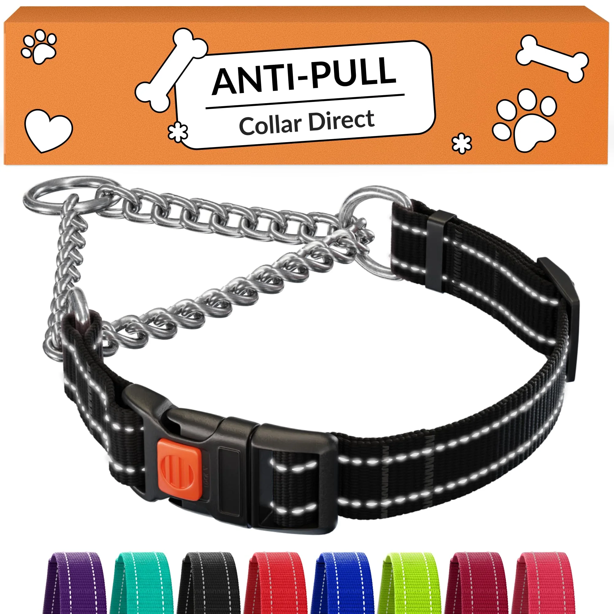 Pure CollarDirect Martingale Dog Collar – 17–22 in Reflective Nylon with Stainless Chain Quick Release World-Class