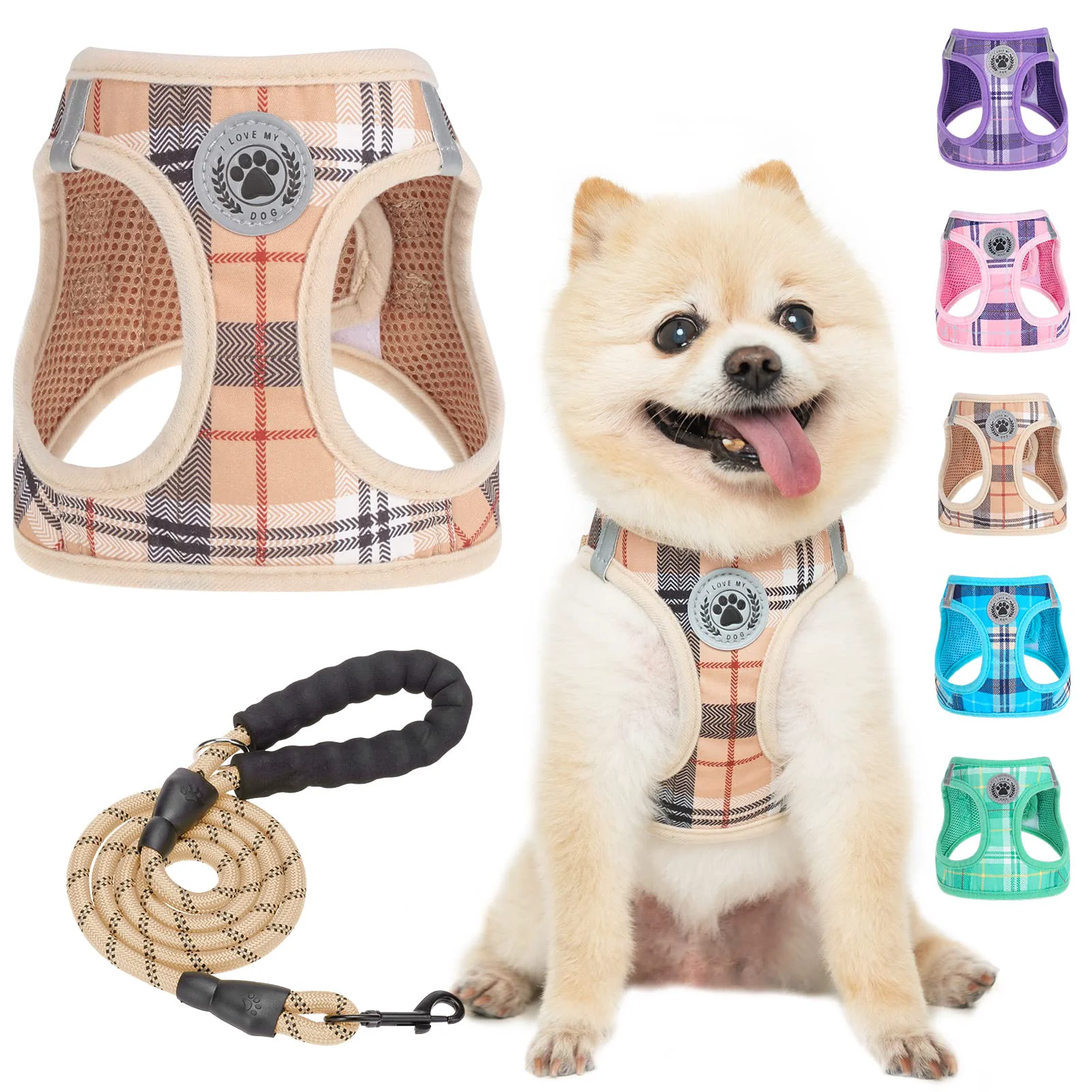 Official BEAUTYZOO Small Dog Harness Leash Set – No Pull No Choke Reflective Plaid Vest Harness XS Beige Genuine