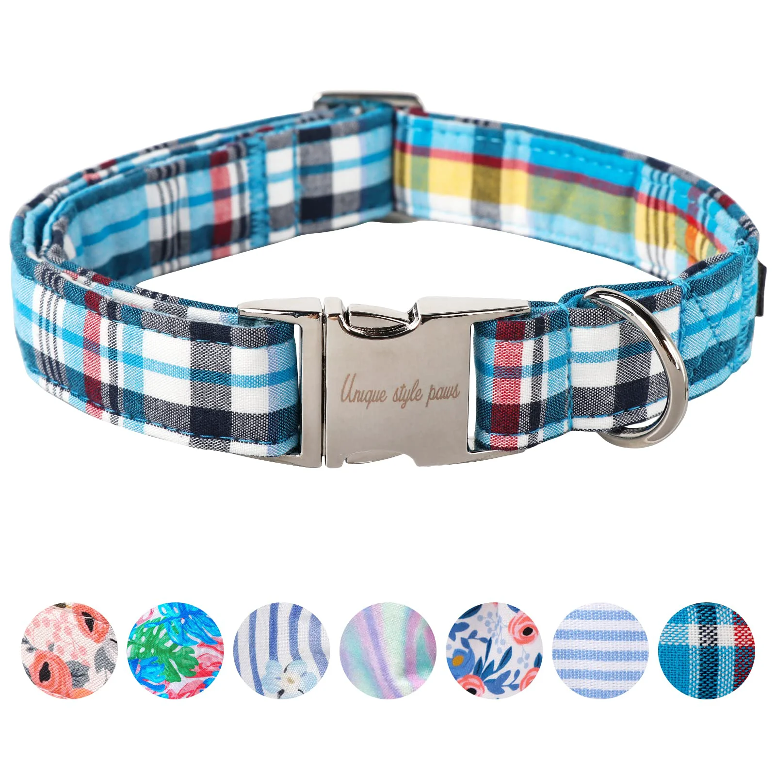 Consistent Unique style paws Dog Collar – Blue Plaid Durable Metal Buckle Adjustable World-Class