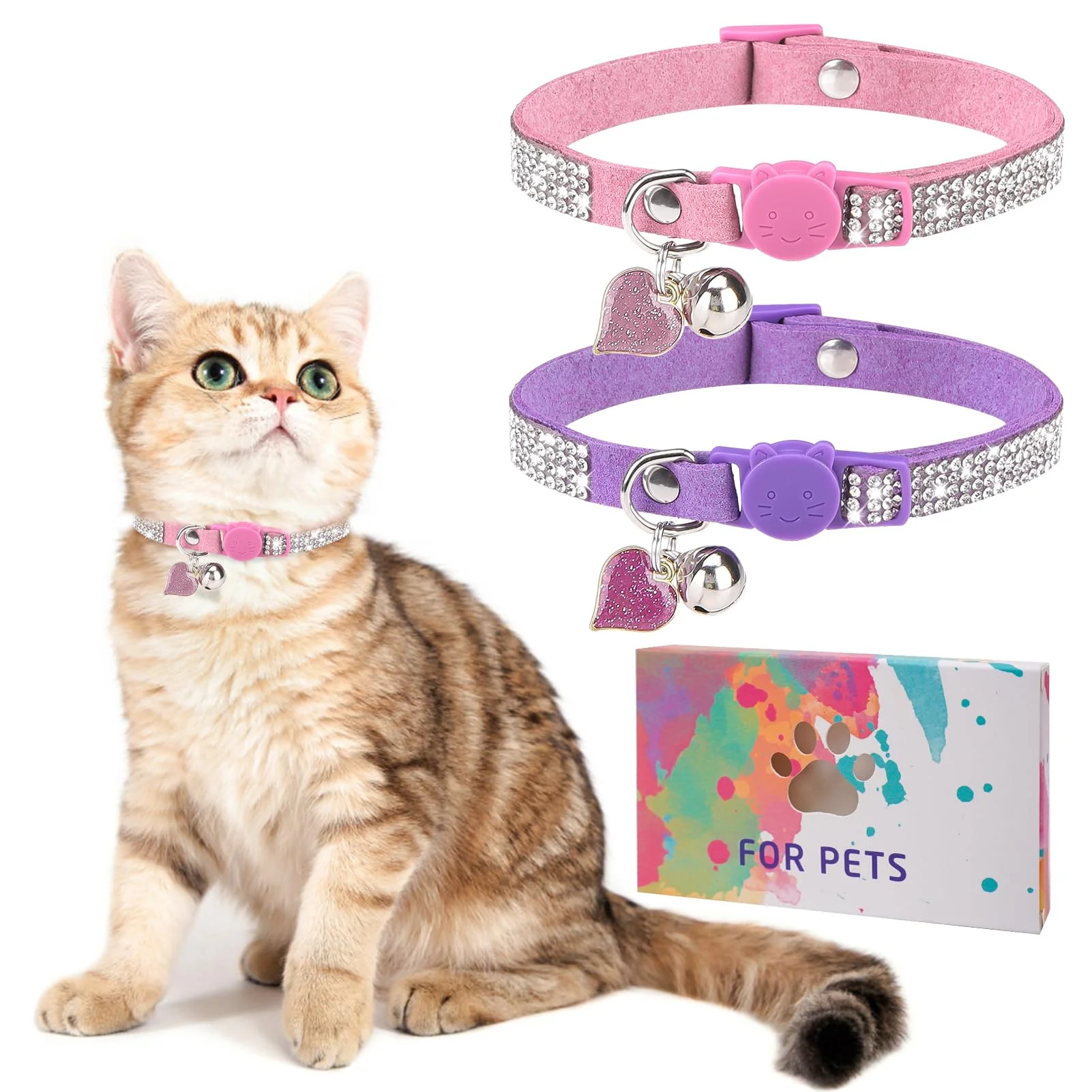 Quality DILLYBUD Rhinestone Cat Collar Breakaway with Bell – Pink Purple 8–12 inches Secure