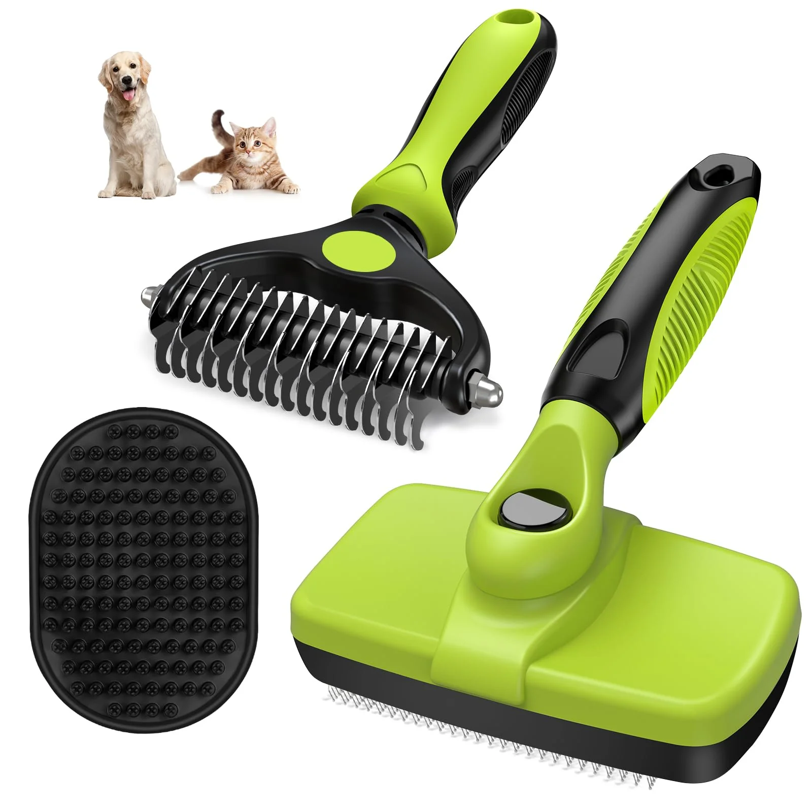 Innovative Augwind 3PCS Self-Cleaning Grooming Kit — Slicker Brush Rake Bath Brush Green Black Outstanding