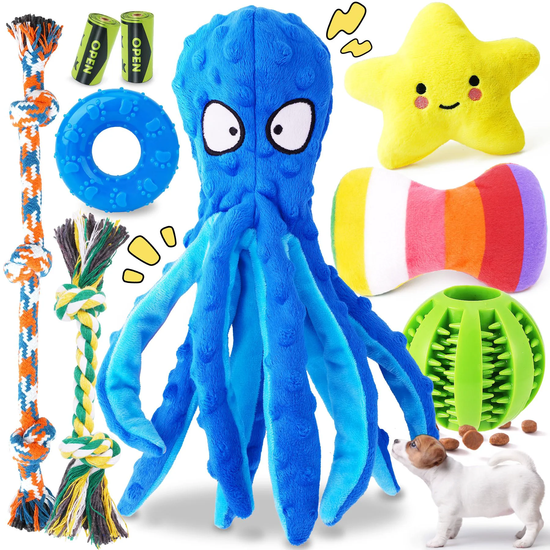 Expertly Made KIPRITII 9-Pack Interactive Puppy Toys for Small Dogs – Squeaky Octopus No-Stuffing Plush Chews Minimalist