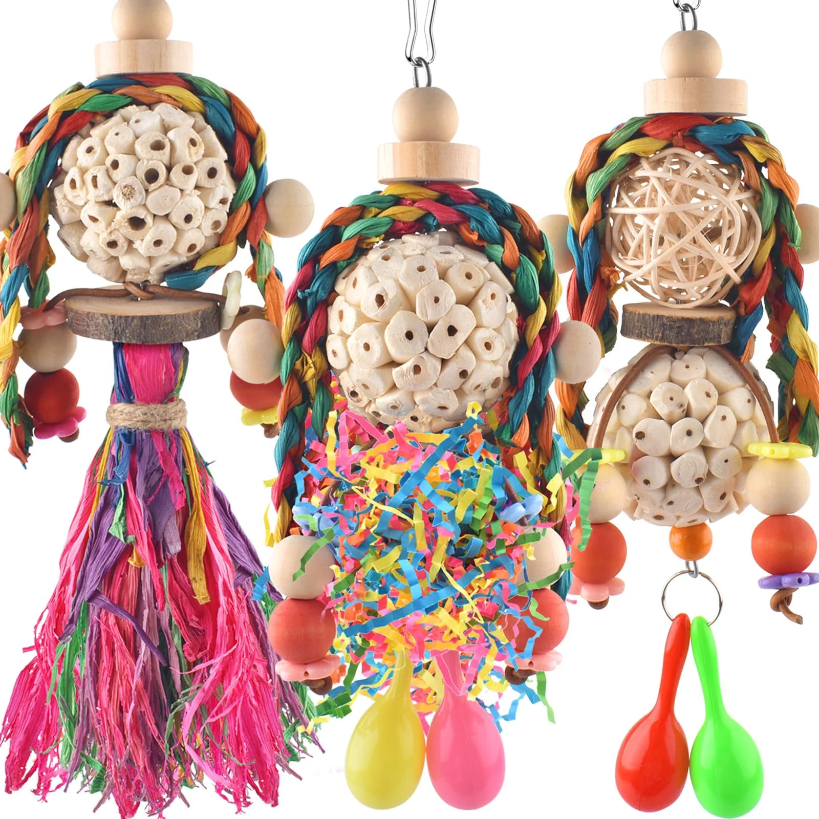 Original Design Bissap 3PCS Parrot Foraging Shredder Toys with Sola Balls – Hanging Cage Enrichment Refined