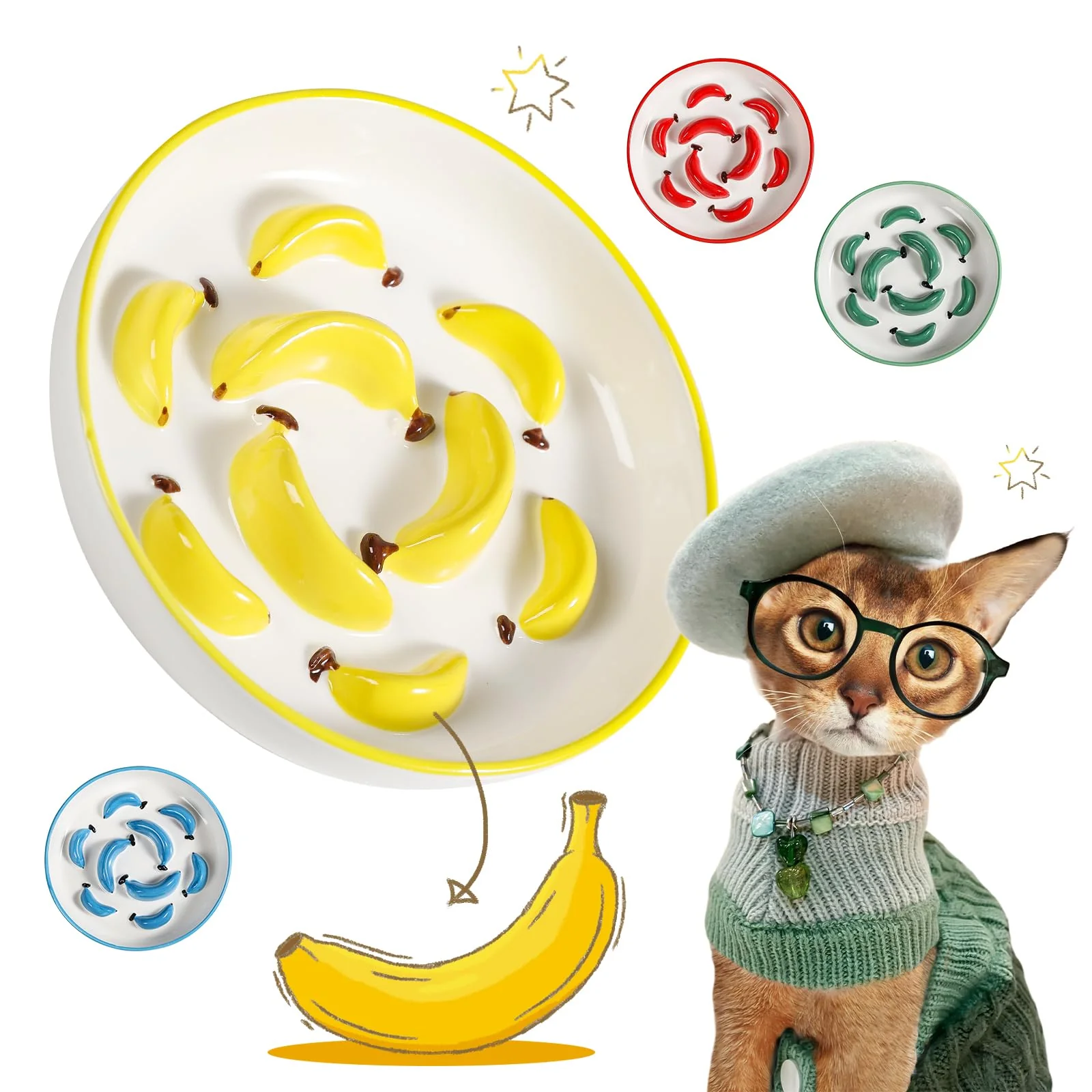 Premium PTOBER Ceramic Cat Slow Feeder Bowl – Vibrant Yellow Maze Dish 7 oz 6.3W x 1.2H – Dishwasher Safe Certified