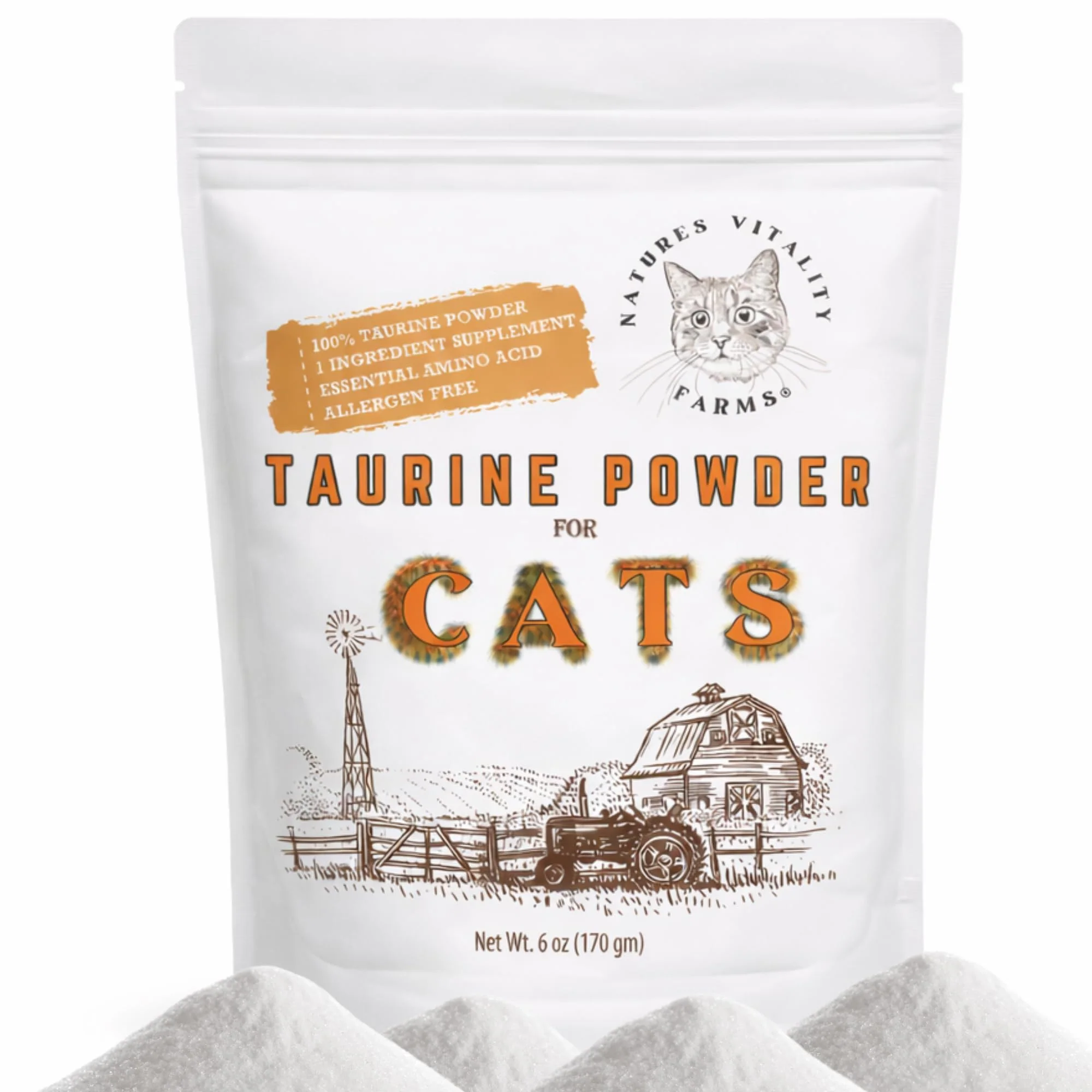 Organic Taurine Powder for Cats - 500mg per Scoop 144 Servings Unscented 6oz Natures Vitality Farms Refined