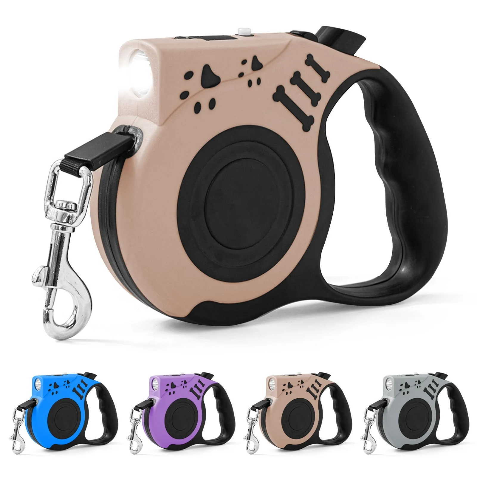 Enhanced COSOWO Retractable Dog Leash with USB Rechargeable Flashlight — 16ft 30 lb Beige Consistent