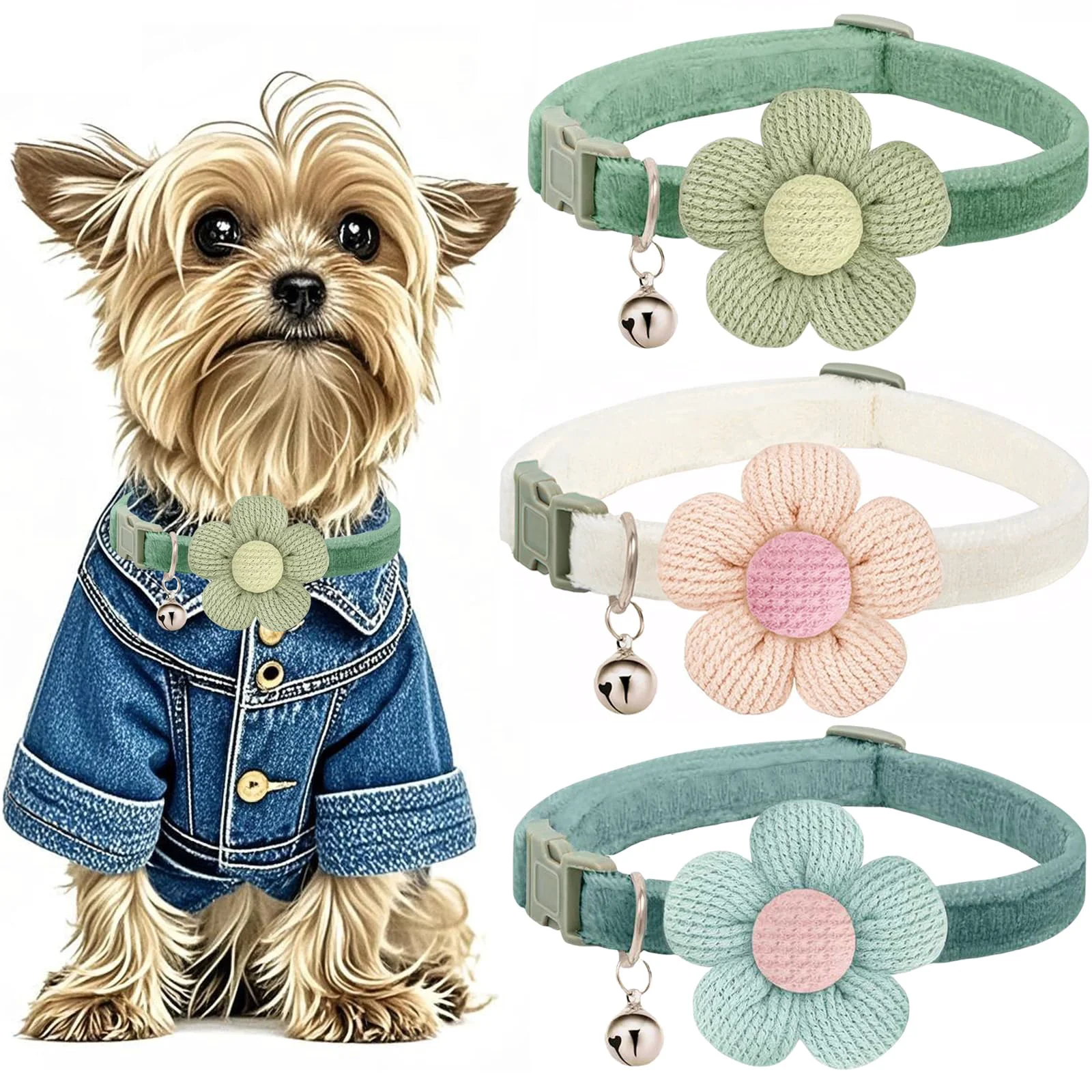 Proven MUZIEBA Small Dog Collar with Flower Bell — Adjustable XS Collar for Tiny Dogs White Green Blue Fashionable