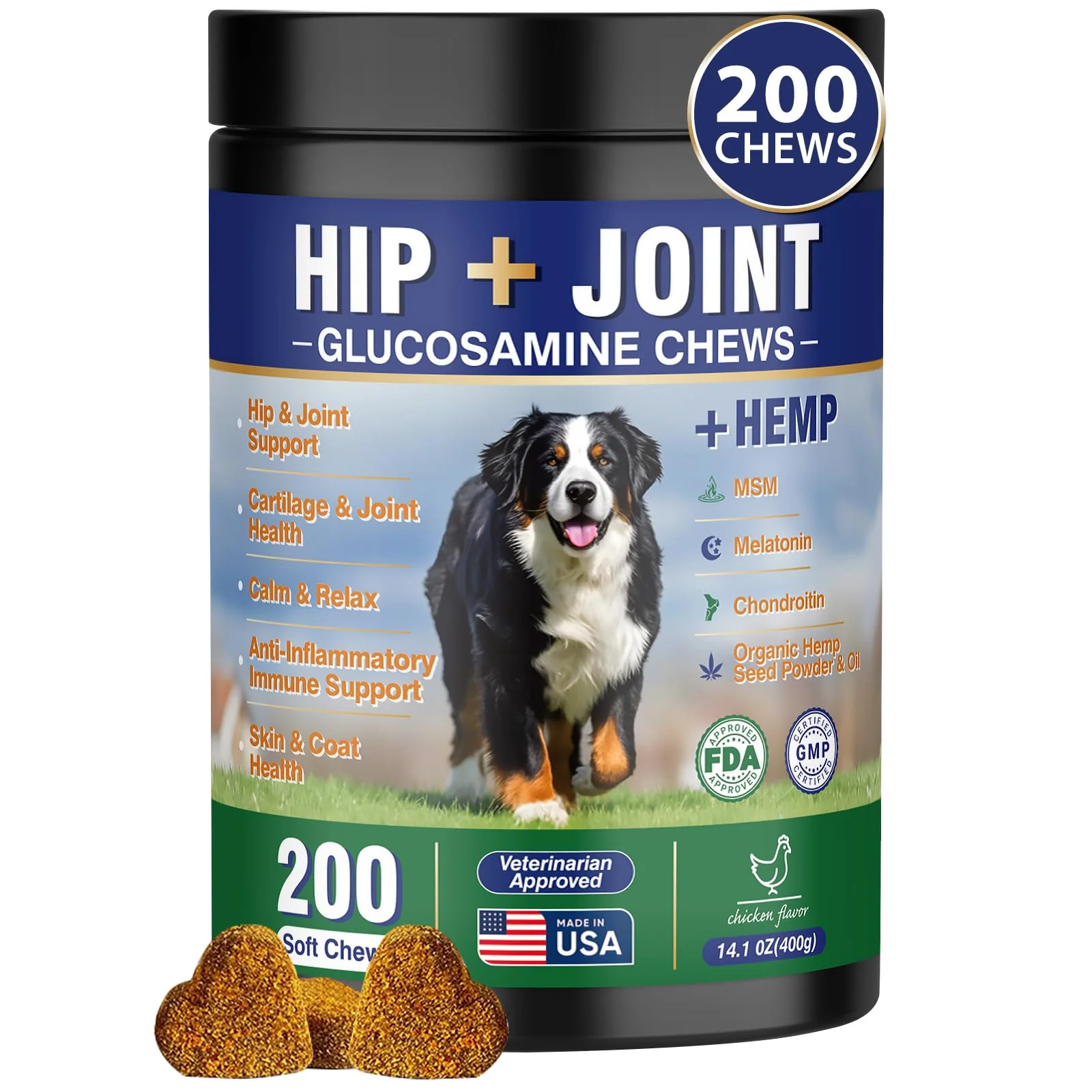 Efficient Tciika Hip Joint Dog Supplement – 200 Hemp Calming Chews with Glucosamine Chondroitin MSM Omega-3 Melatonin Smooth