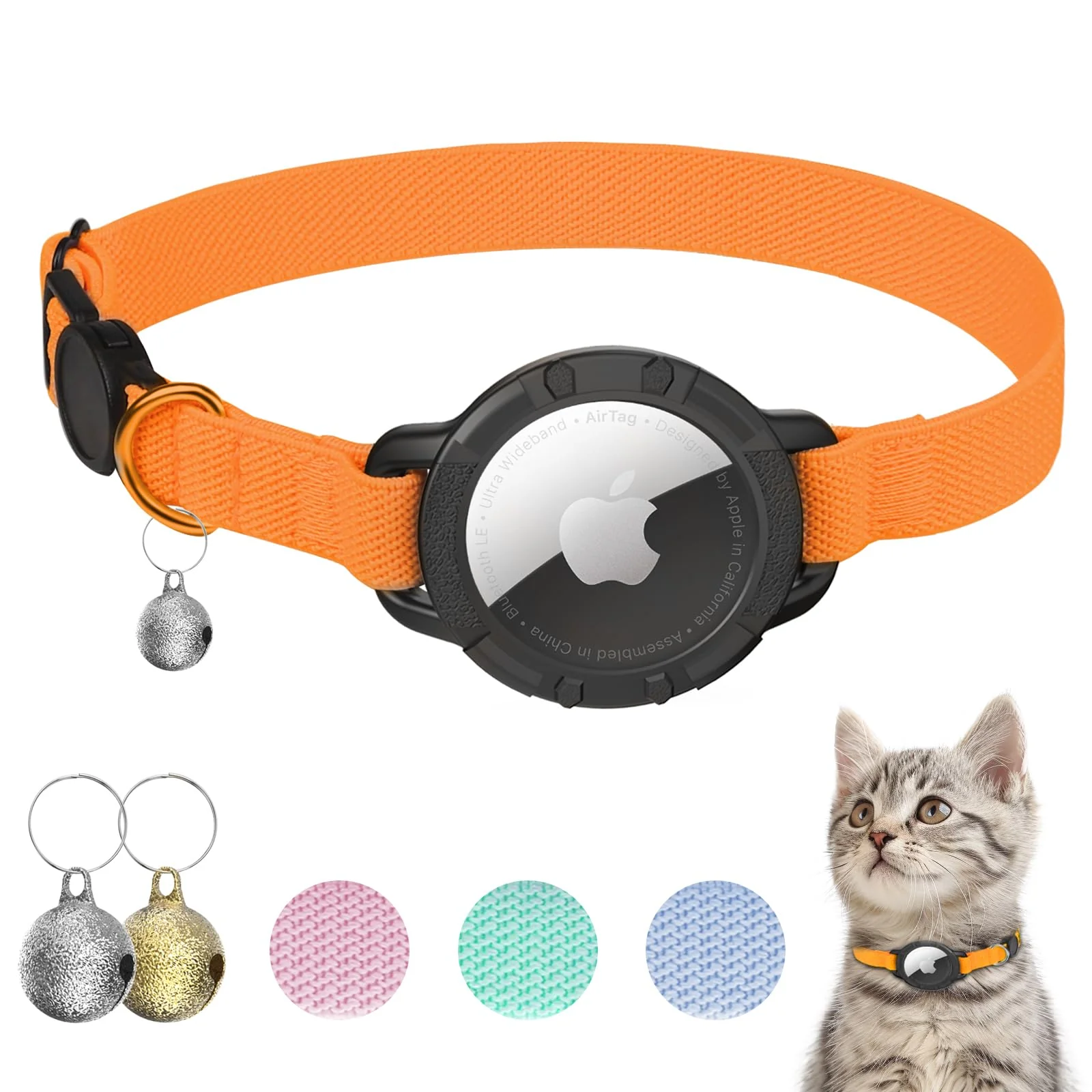 Natural Sucegi AirTag Cat Collar — Elastic Breakaway with AirTag Holder Bell 8–12.5 in Orange Casual