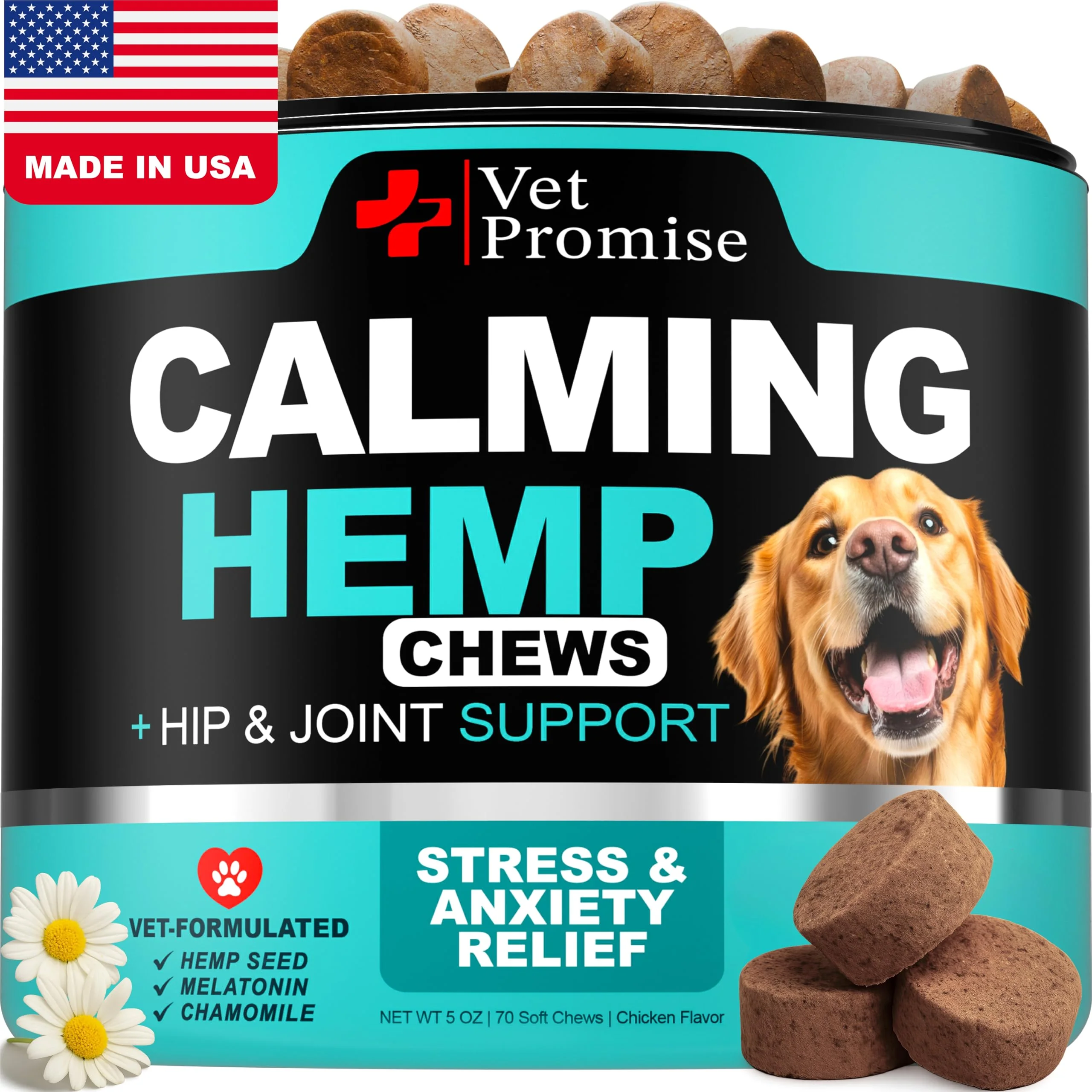 Crafted Vet Promise Advanced Calming Chews for Dogs – Hemp Melatonin Natural Botanicals – 70 Treats – Made in USA Lightweight