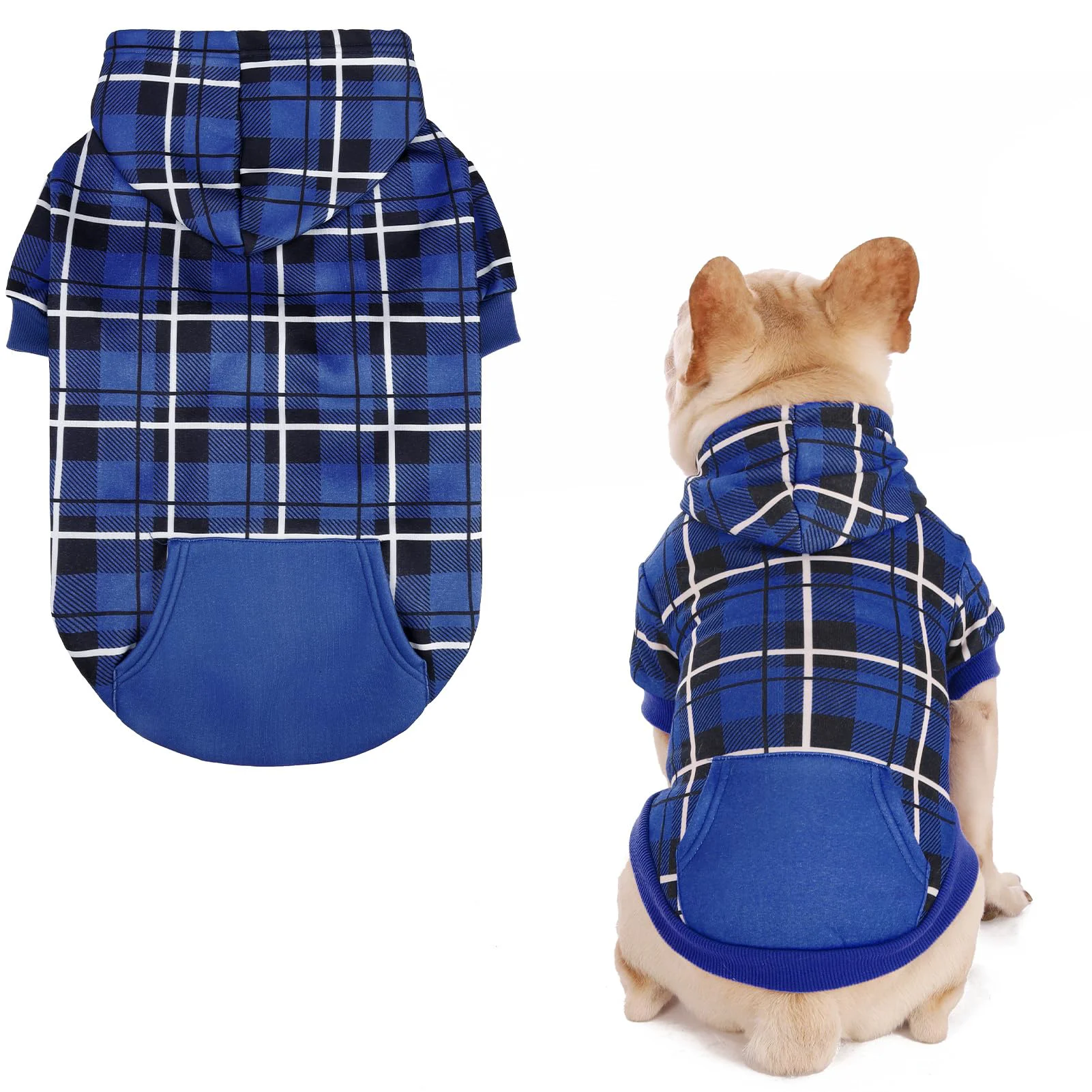 Elite EXPAWLORER Plaid Dog Hoodie – British-Style Warm Coat with Leash Hole Navy S–M Smooth