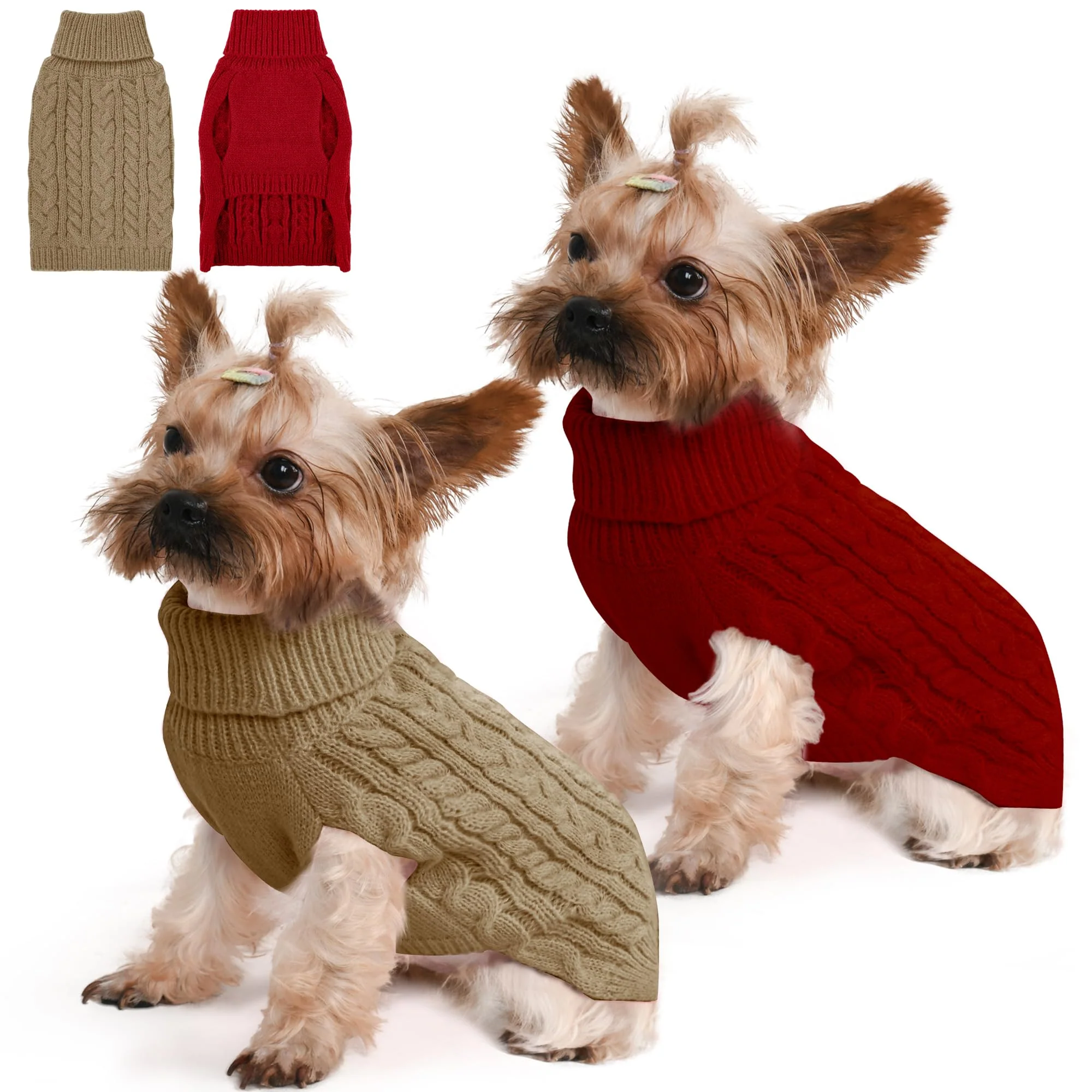 Flexible Lorehelina 2 Pack Small Dog Sweaters - Winter Turtleneck Cable Knit Fleece XS Red Brown Luxury