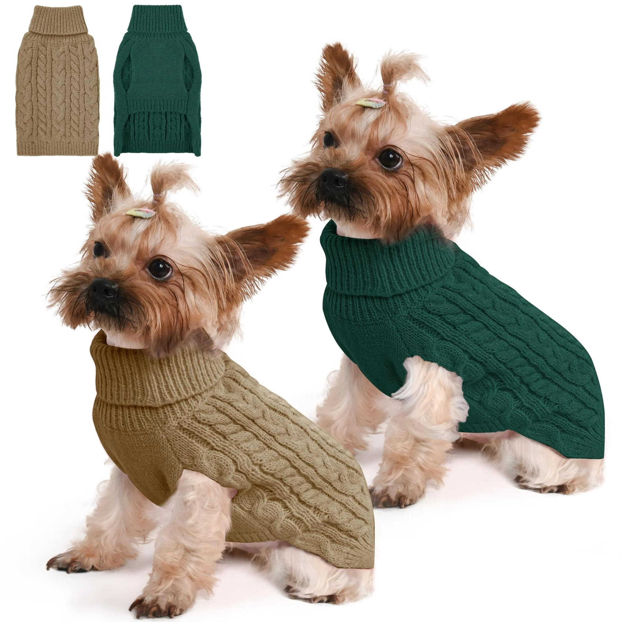 Flexible Lorehelina 2-Pack Small Dog Sweaters Winter Cable Knit Turtleneck S Green Brown Smooth