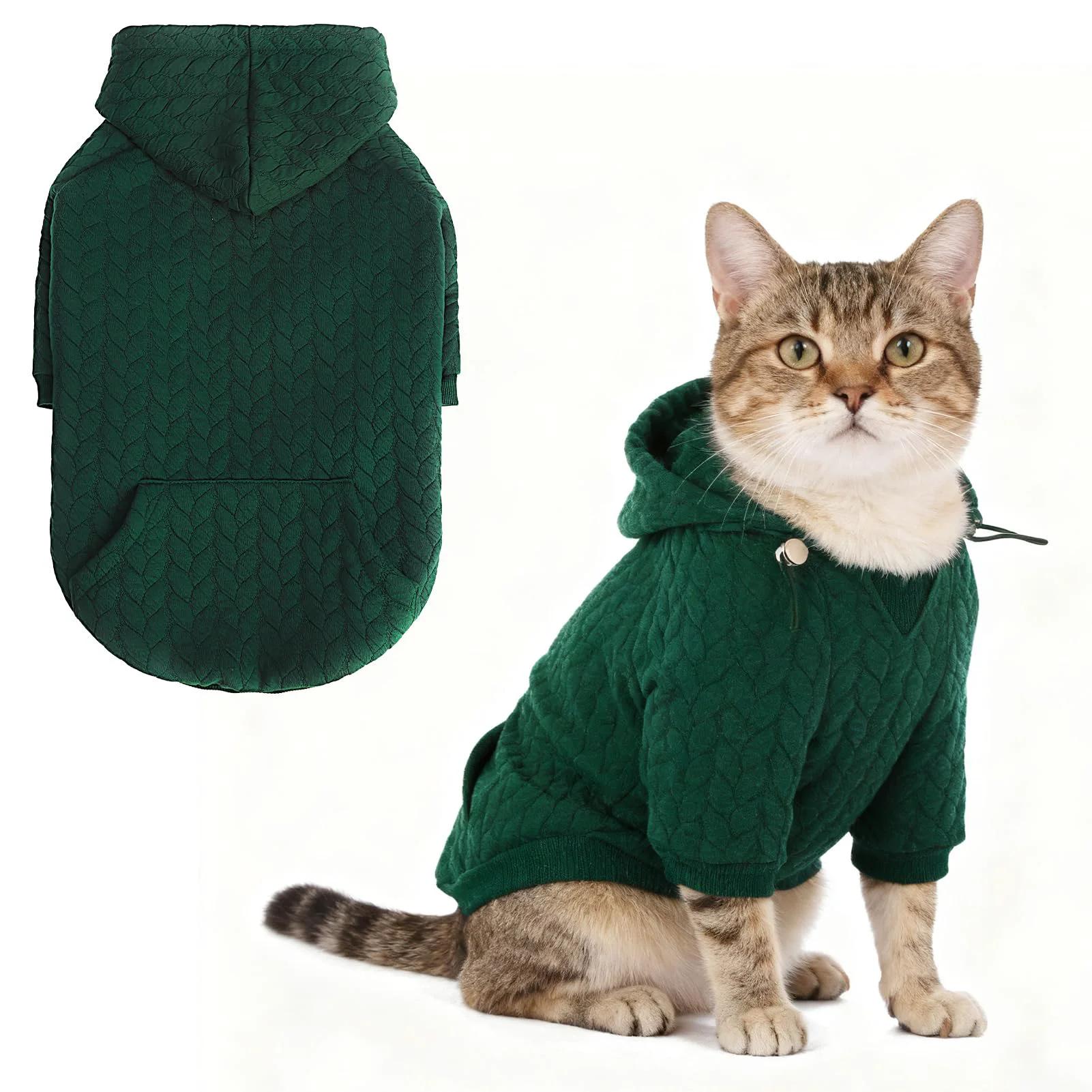 Luxury EXPAWLORER Textured Cable Knit Dog Hoodie – Leash Hole Pocket Soft Warm Coat Green XS Practical
