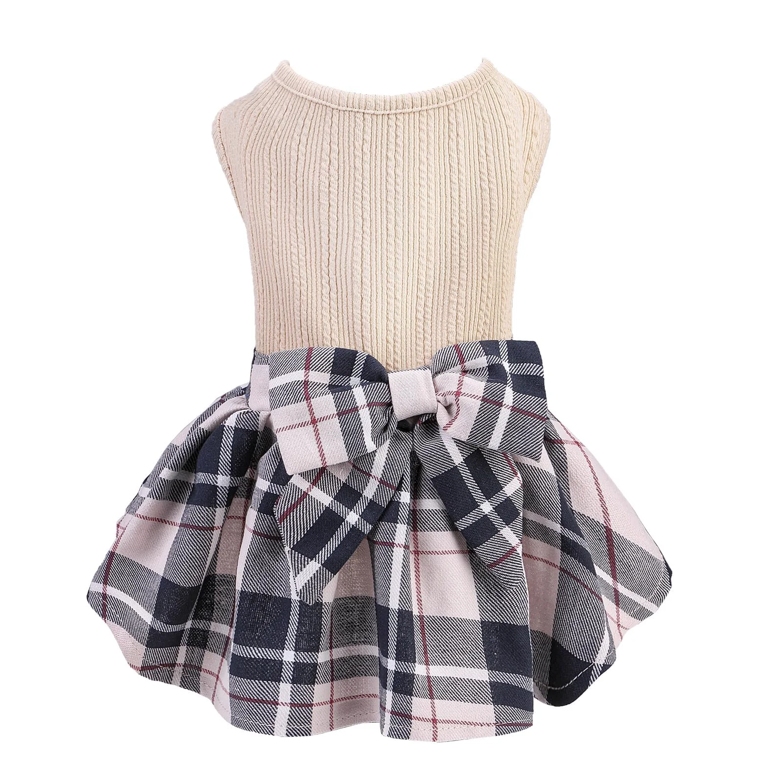 Premium PUPTECK Classic Plaid Dog Dress with Bowtie Cream XS Lightweight Pet Apparel