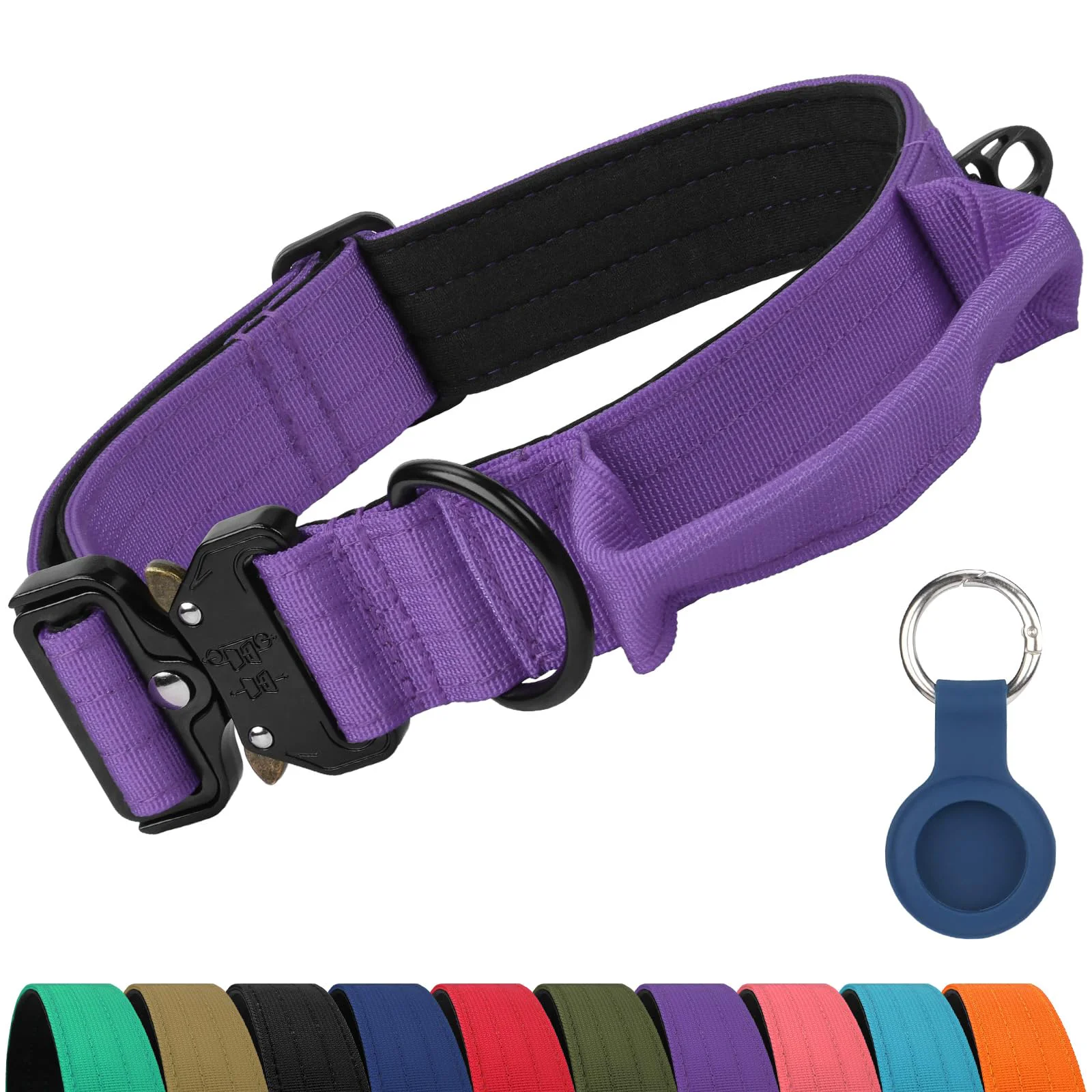 Easy-to-Use Joytale Heavy Duty Dog Collar with Handle for Large Dogs Adjustable Tactical Nylon with AirTag Case Purple Authentic