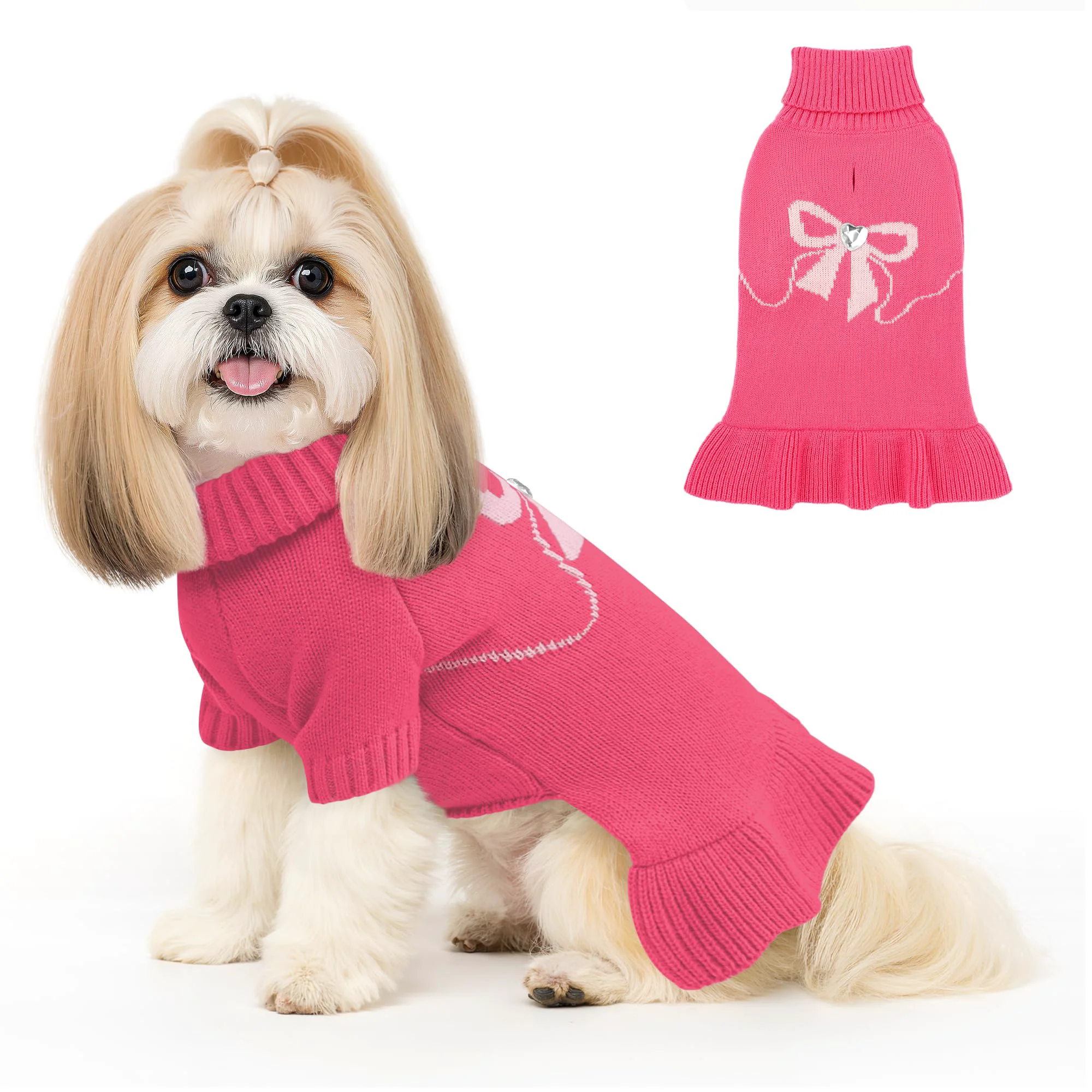 Pure YUDODO Bowknot Dog Sweater Dress for Small Dogs – Rose Pink Size M Warm Winter Pullover with Leash Hole Traditional