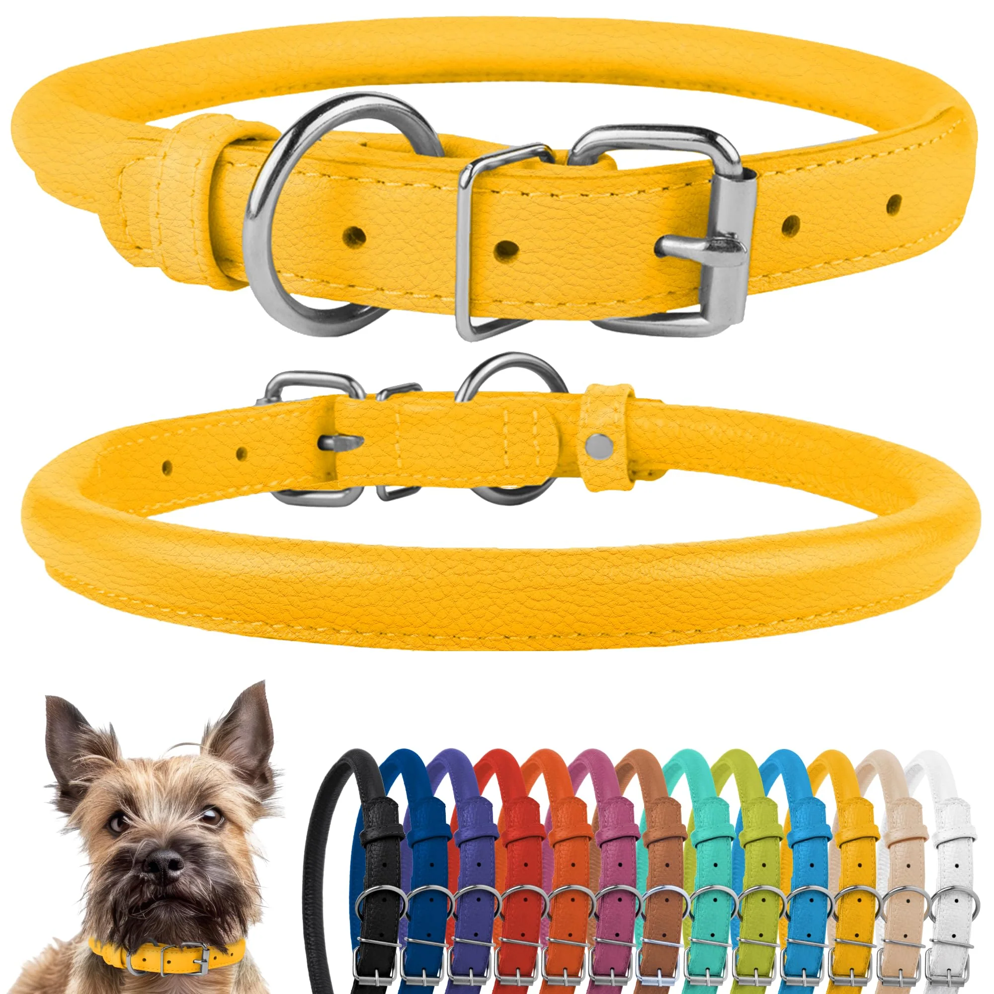 Safe CollarDirect Rolled Leather Dog Collar — Soft Padded 8–11 in 13 Colors Yellow Textured Superior