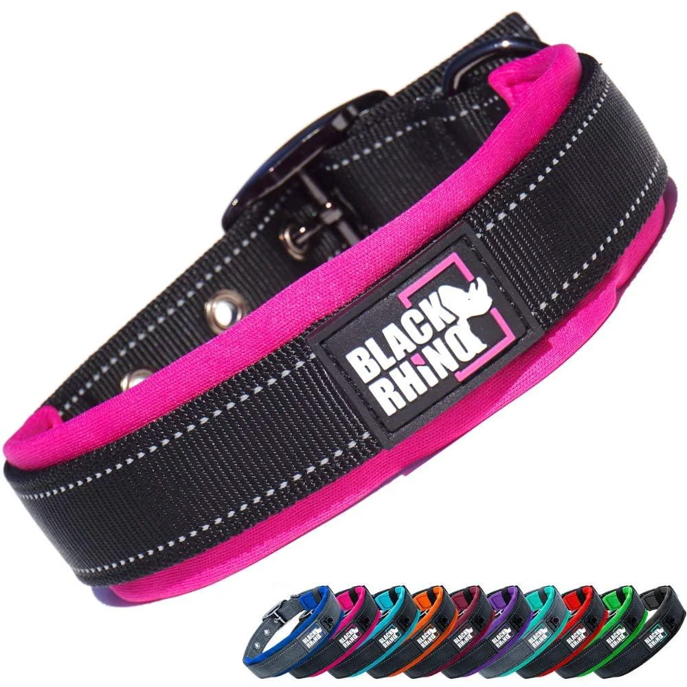 Refined Black Rhino Medium Dog Collar – Adjustable Reflective Neoprene-Padded Pink Black Pure