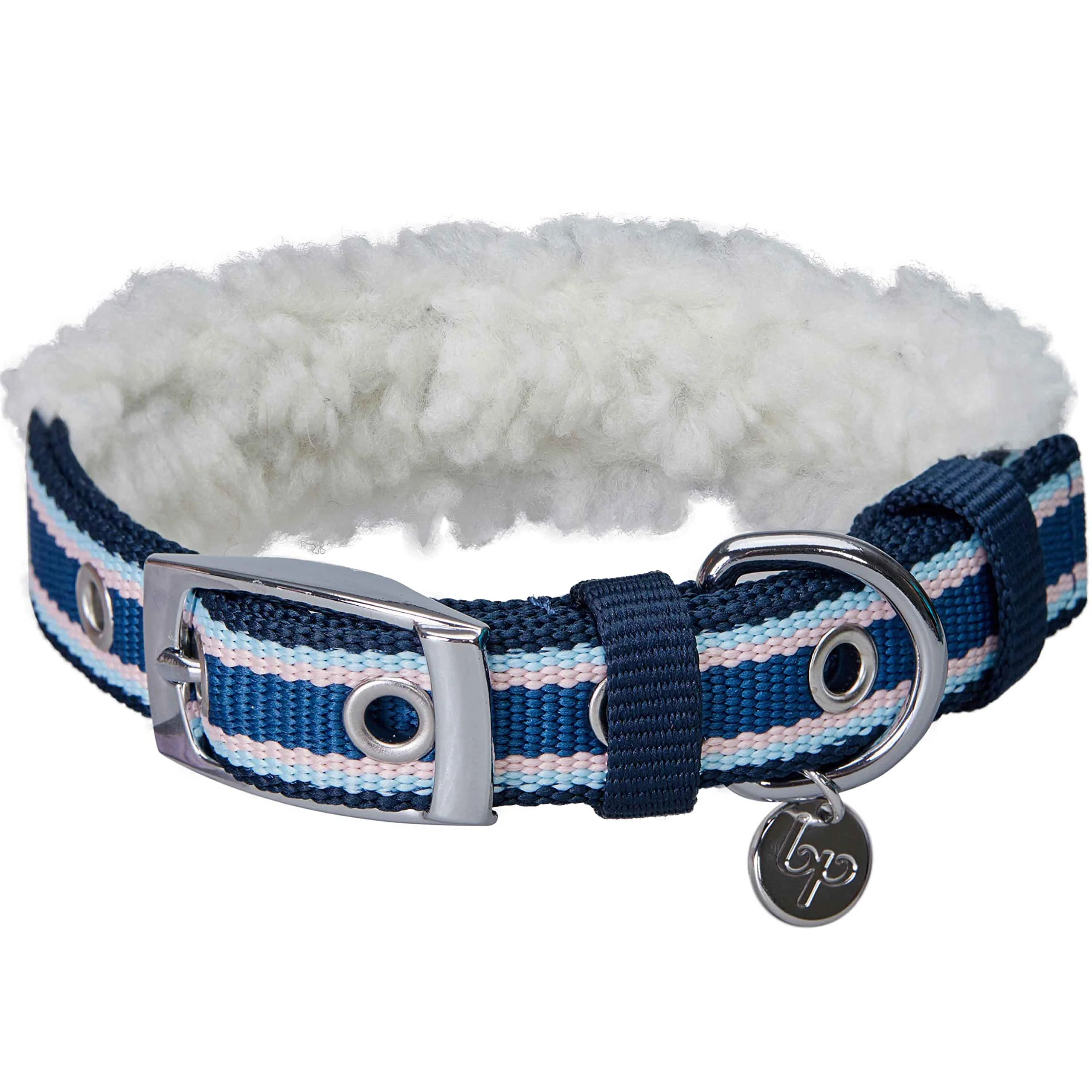 Organic Blueberry Pet Soft Comfy Stripe Fleece Padded Adjustable Dog Collar – Blue Neck 13-16.5 inches Medium Casual