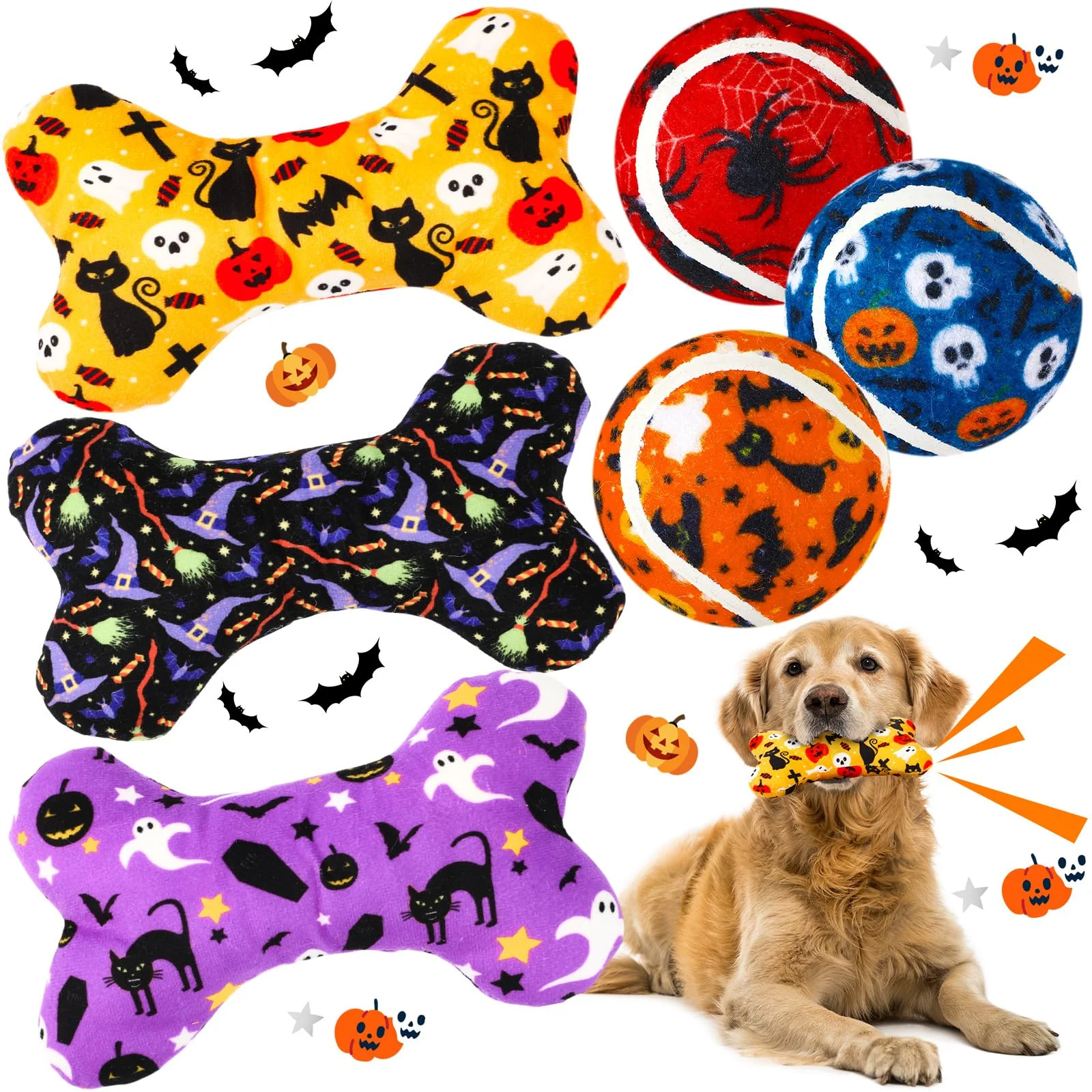 Eco-Friendly Vertintong 6 Pcs Halloween Dog Toys — Tennis Balls Plush Squeaky Bones Set Natural
