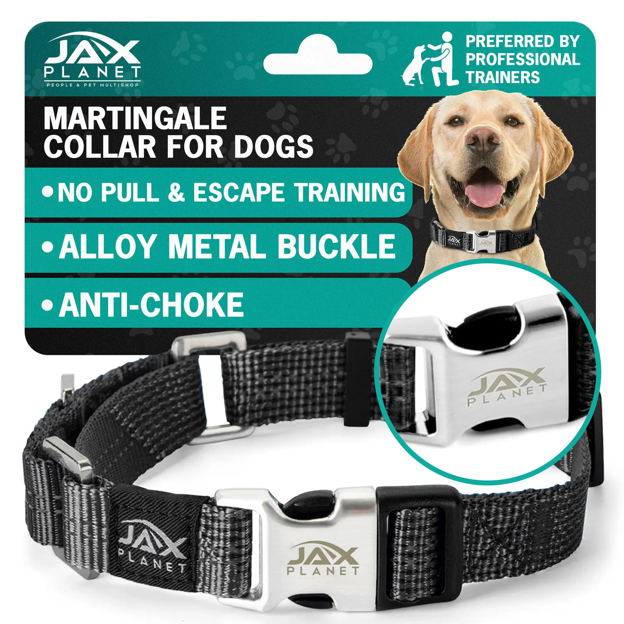 Luxury JAX PLANET Black Martingale Collar for Dogs — Heavy-Duty No-Pull Nylon Reflective D-Ring Durable