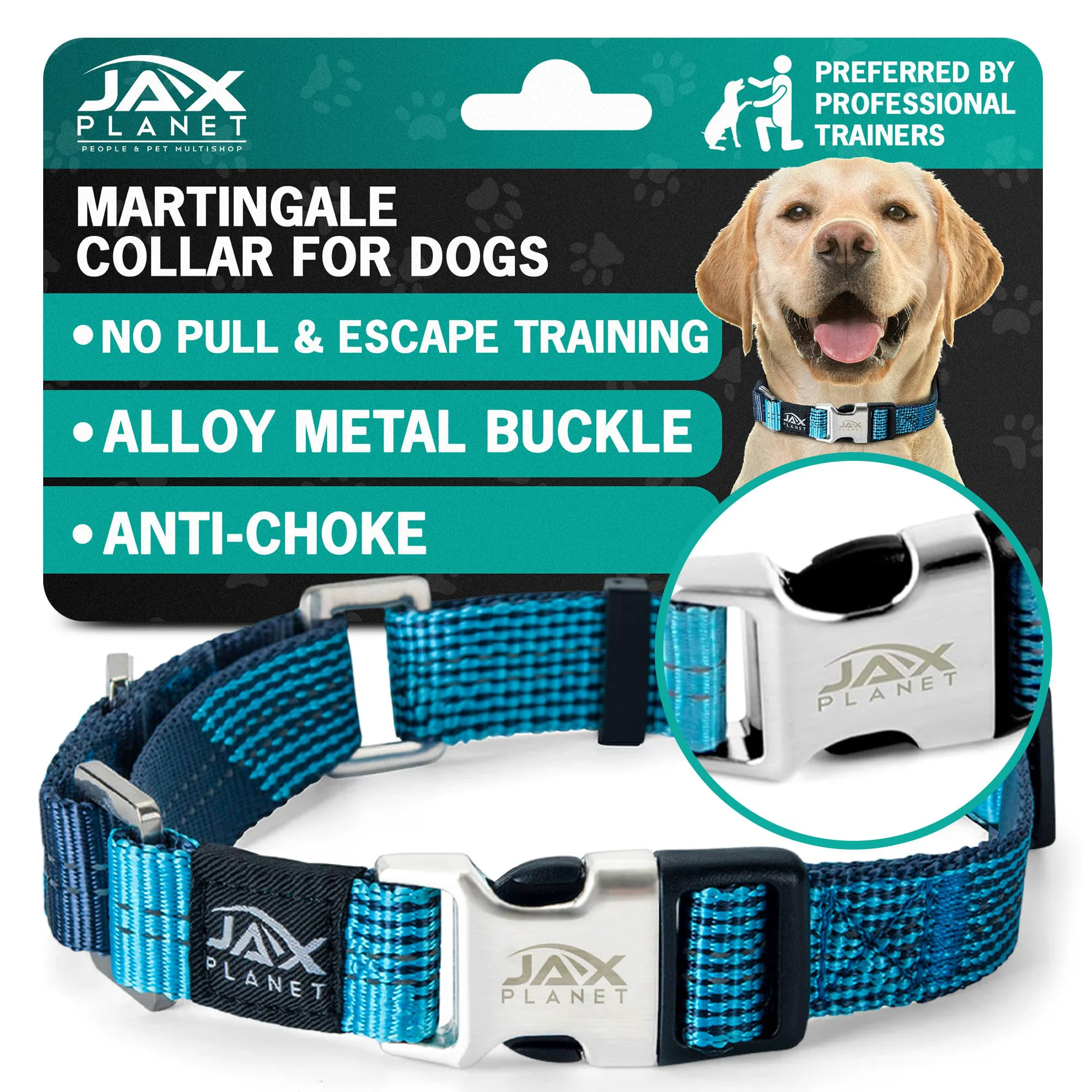 Relaxed Blue Martingale Collar for Dogs – JAX PLANET Heavy-Duty Nylon No-Pull Reflective Lightweight