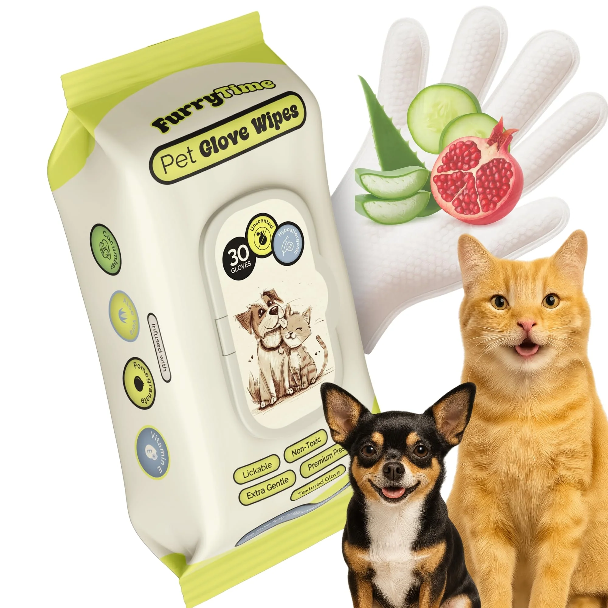 High-Performance FURRYTIME Pet Cleaning Glove Wipes for Dogs Cats – 30 Gloves Hypoallergenic No-Rinse Grooming Official