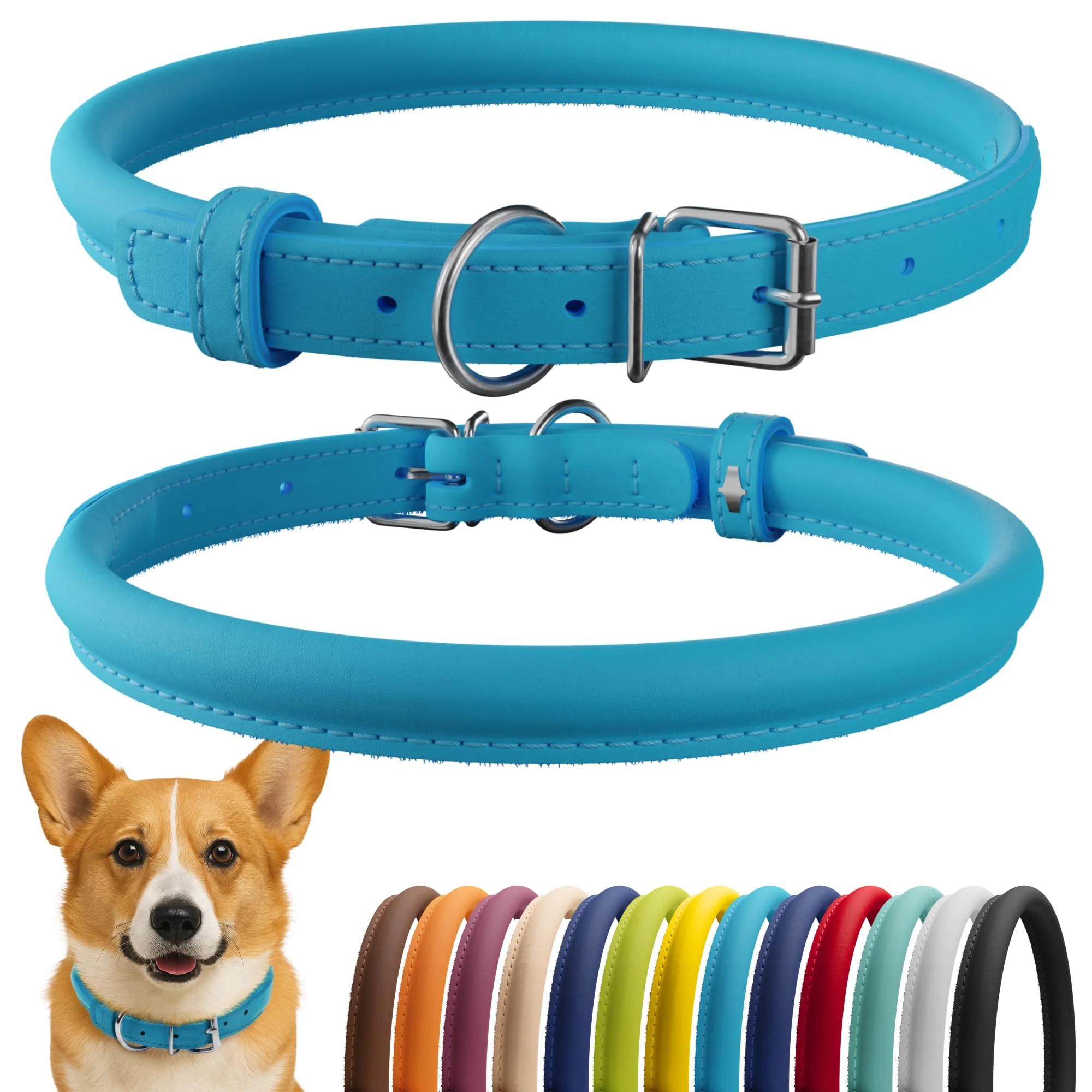 Clean CollarDirect Rolled Leather Dog Collar - Soft Padded 11–14 in Light Blue 13 Colors Secure