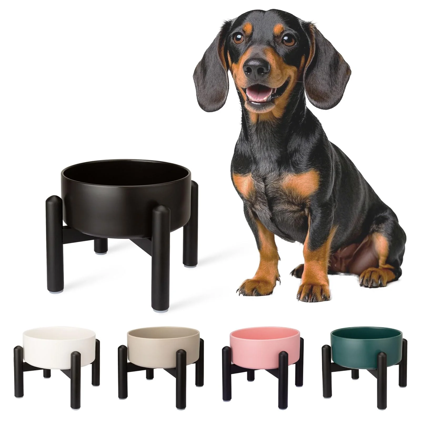 Outstanding PTOBER Raised Ceramic Dog Bowl with Stainless Steel Stand – d 6 Inch 2 Cups 28.75 fl oz – Black Fast
