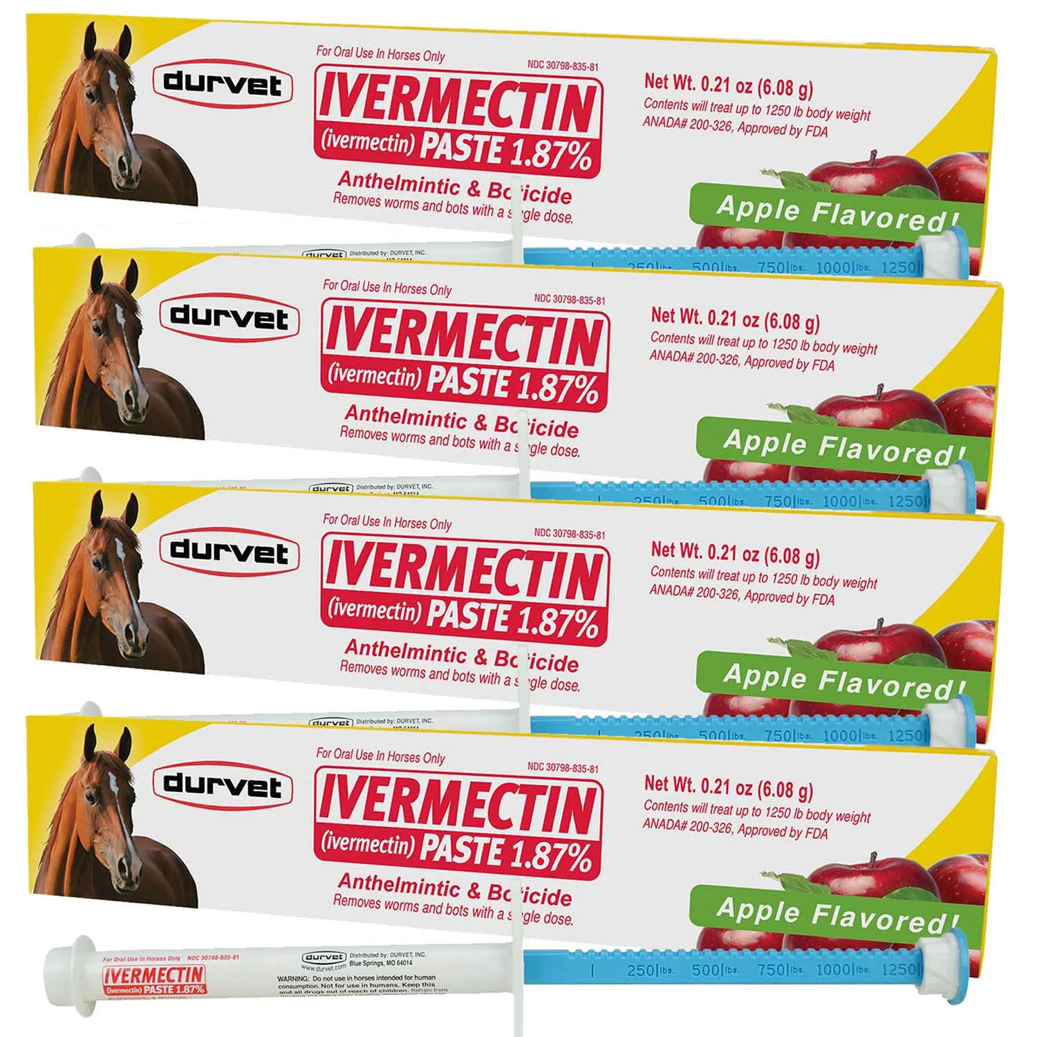 Original Durvet Ivermectin 4-Pack — Easy Paste-Gel Horse Dewormer Apple Flavor Modern