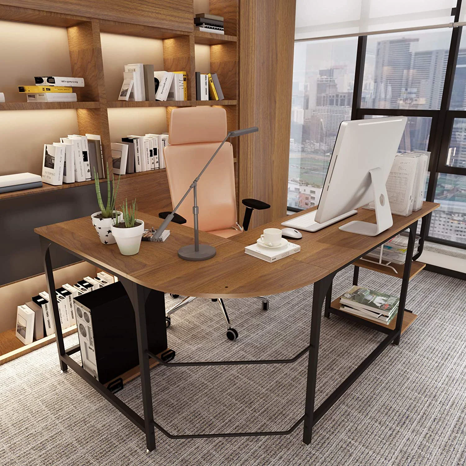 Minimalist L Shaped Desk with Shelves Round Corner Computer Desk Gaming Table Workstation for Home Office Healthy