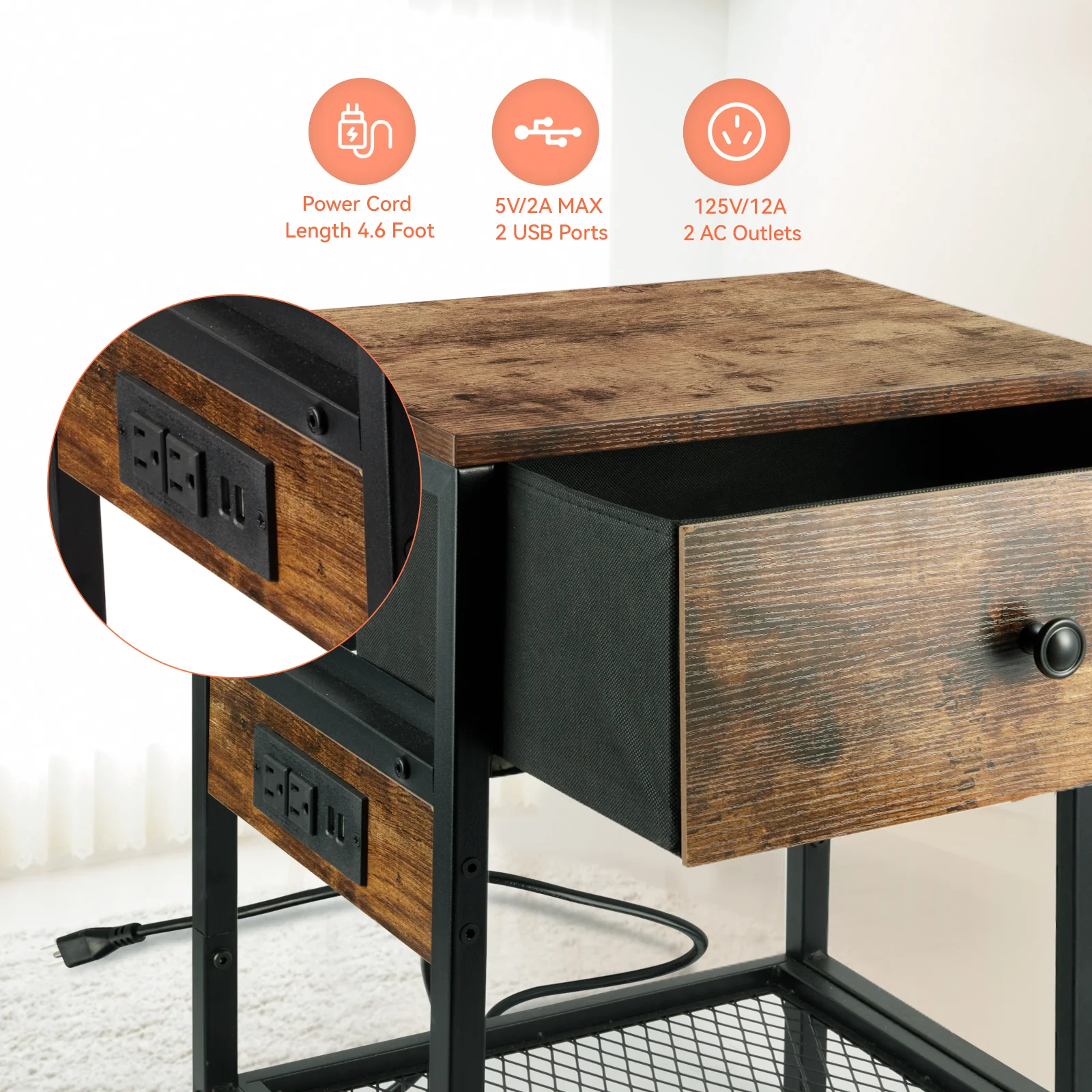 Solid Nightstand with Drawer End Side Table with Charging Station for Bedroom 1 pack Long-Lasting