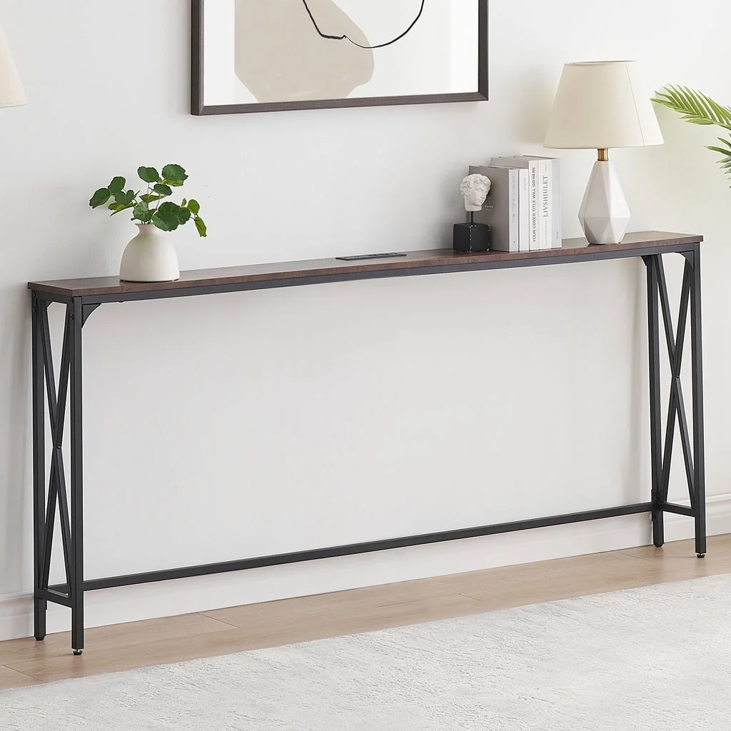 Eco-Friendly 70 Console Table Entryway Sofa Table with Power Outlets Rustic Brown Soft
