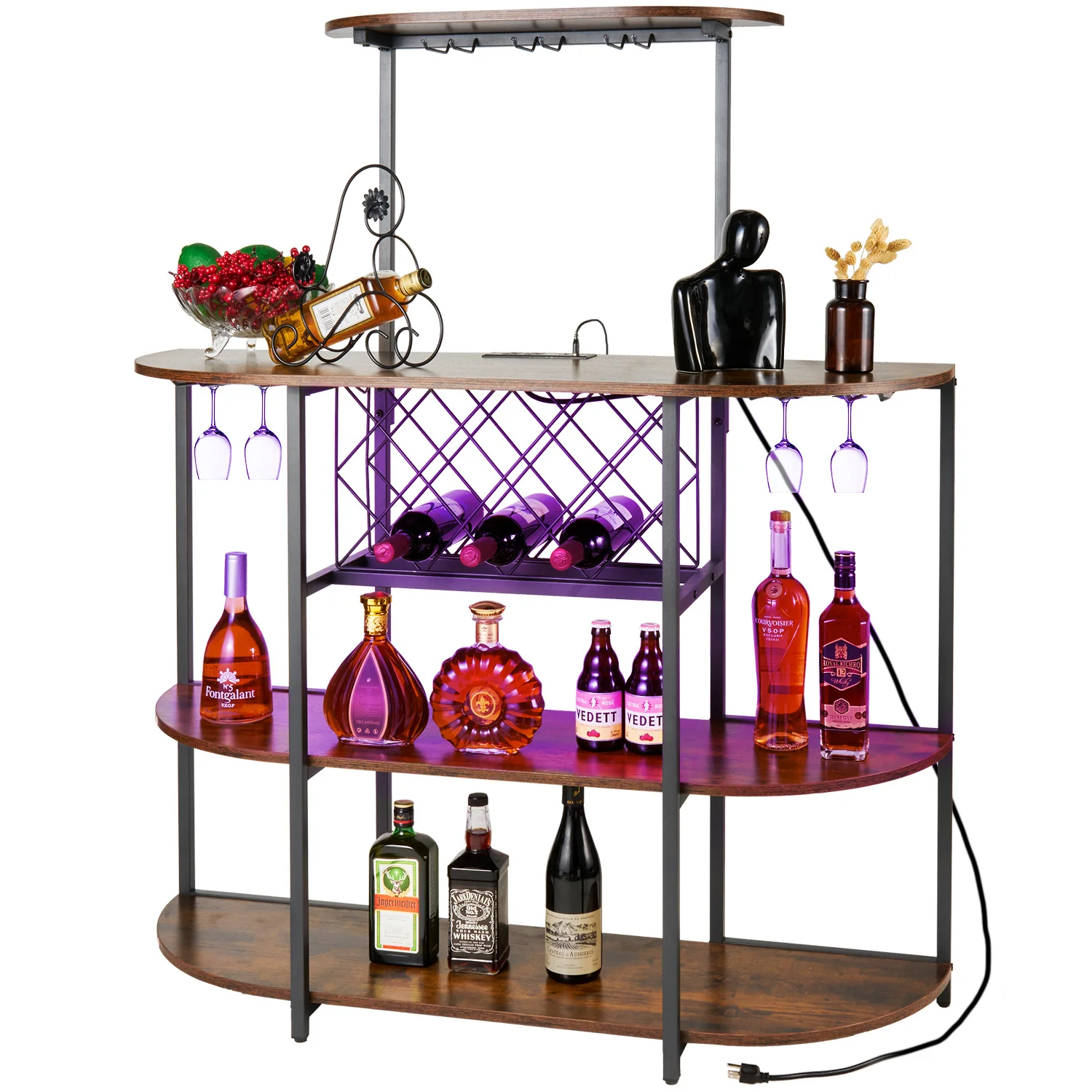 Elite Wine Bar Cabinet with LED Lights and Power Outlets Wine Rack Table for Liquor and Glasses for Home Kitchen Dining Room White Brown Prestigious