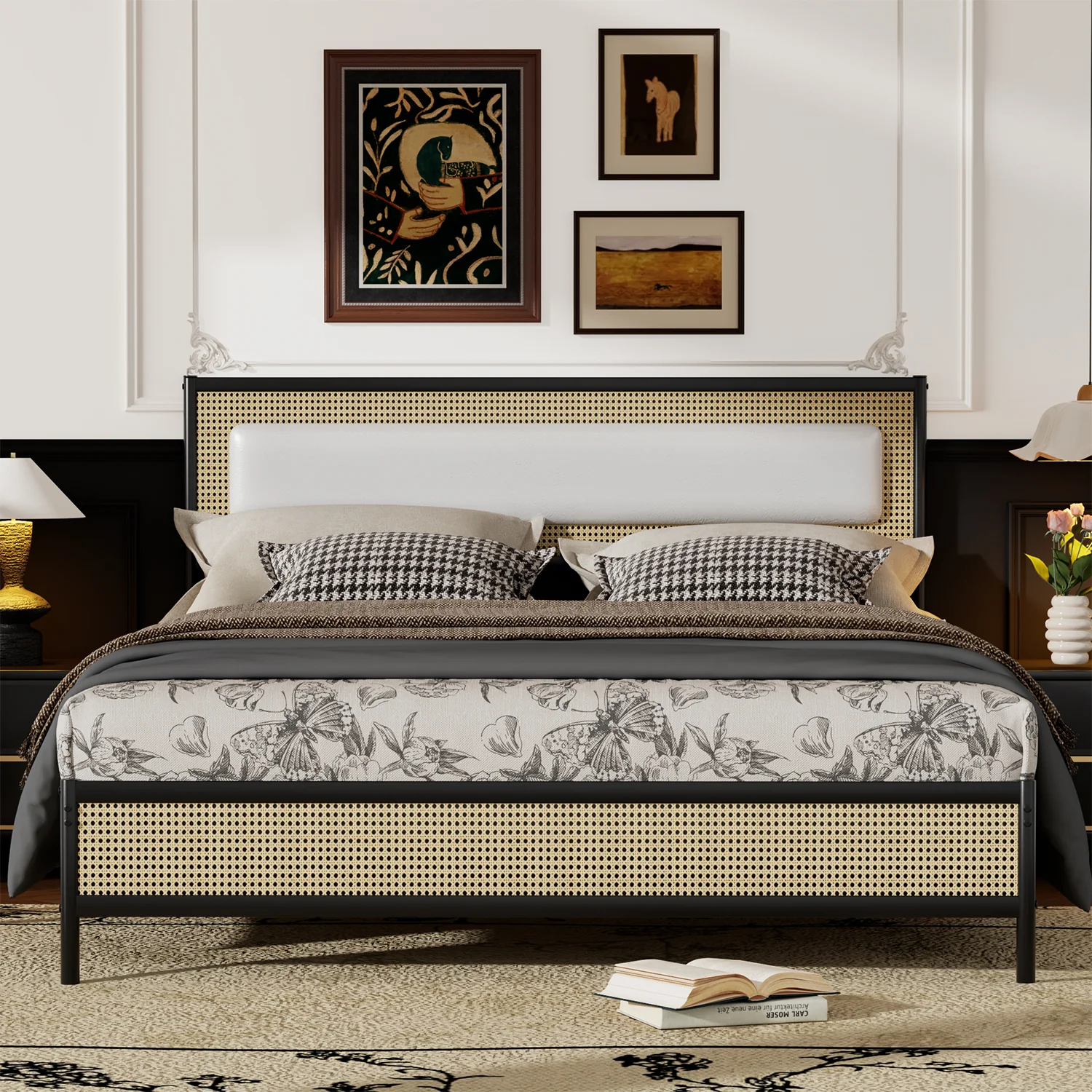 Fashionable Behost Queen Size Platform Bed Frame with Rattan Headboard and Footboard Metal Slat Support Modern Beige Crafted