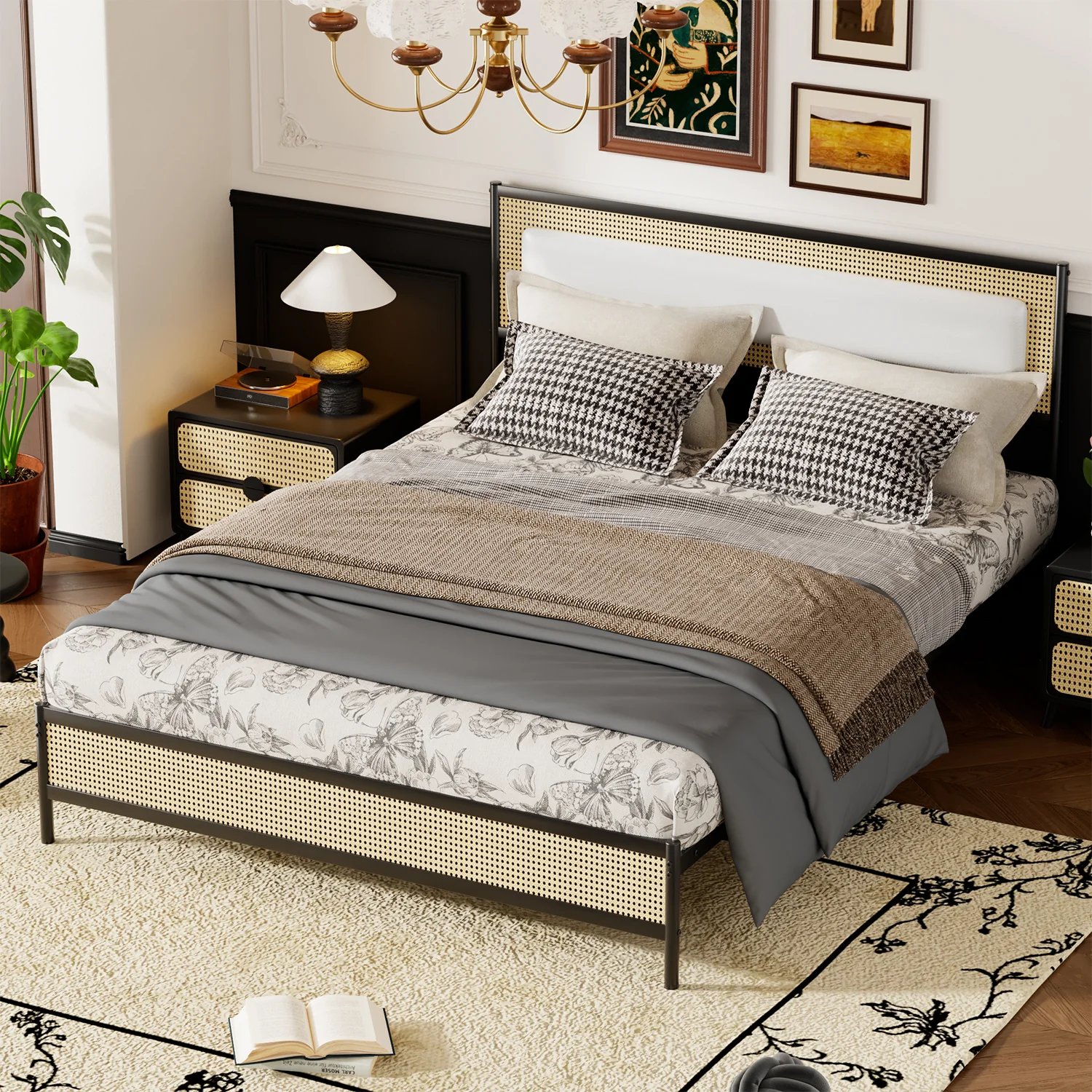 Excellent Behost Full Size Platform Bed Frame with Rattan Headboard and Footboard Metal Slat Support Modern Beige Selected