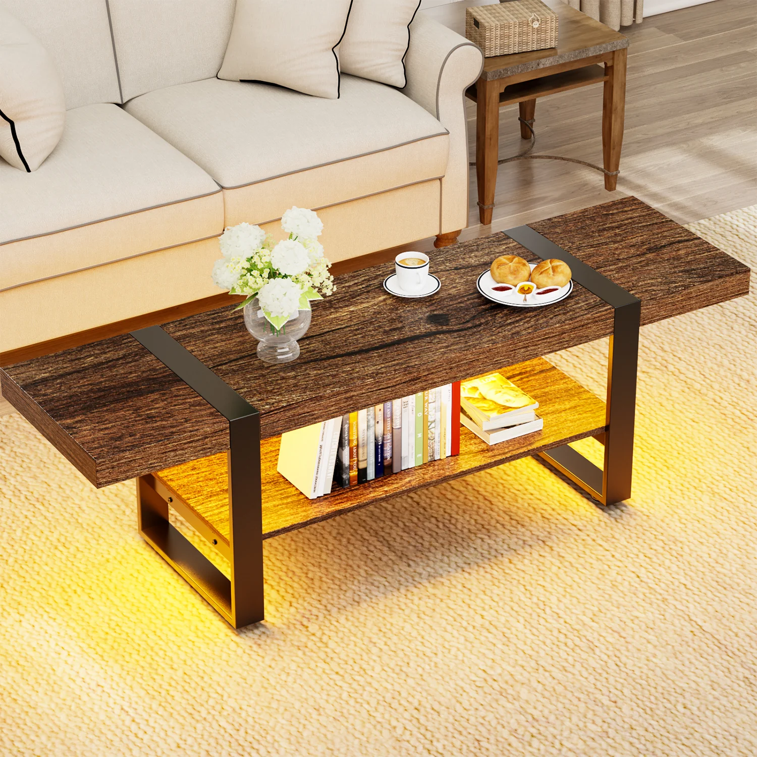 Secure Behost Coffee Table for Living Room with Storage Shelf Farmhouse Style Center Table with Charging Station Type-C Ports Easy Assembly Rustic Brown Relaxed