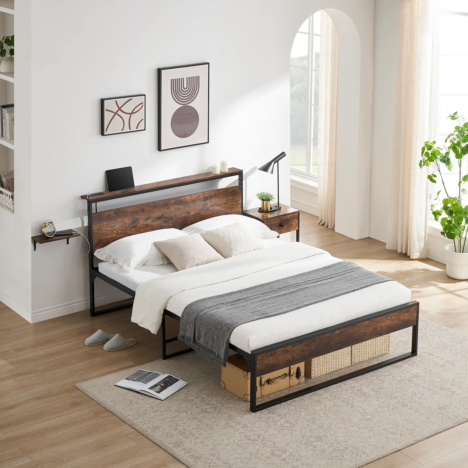 Fast Behost 14 Full Bed Frame with Headboard Power Outlets Platform Beds Rustic Brwon Smart