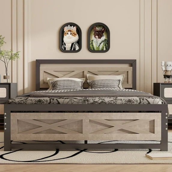 Modern Behost Queen Farmhouse Bed Frame with Headboard and Underbed Storage Wood Platform Bed Frame Heavy Duty Metal Slats No Box Spring Needed Green