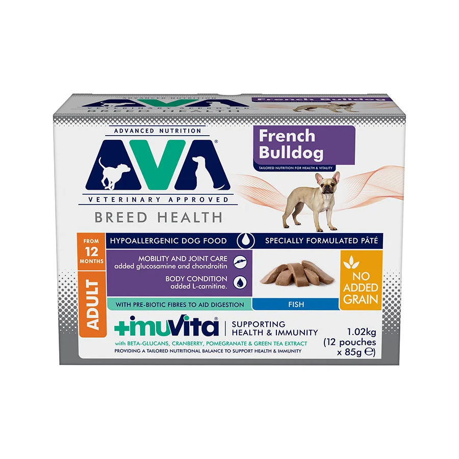 Dependable AVA Health Vitality French Bulldog Adult Wet Dog Food Pâté Fish 12x85g Fine